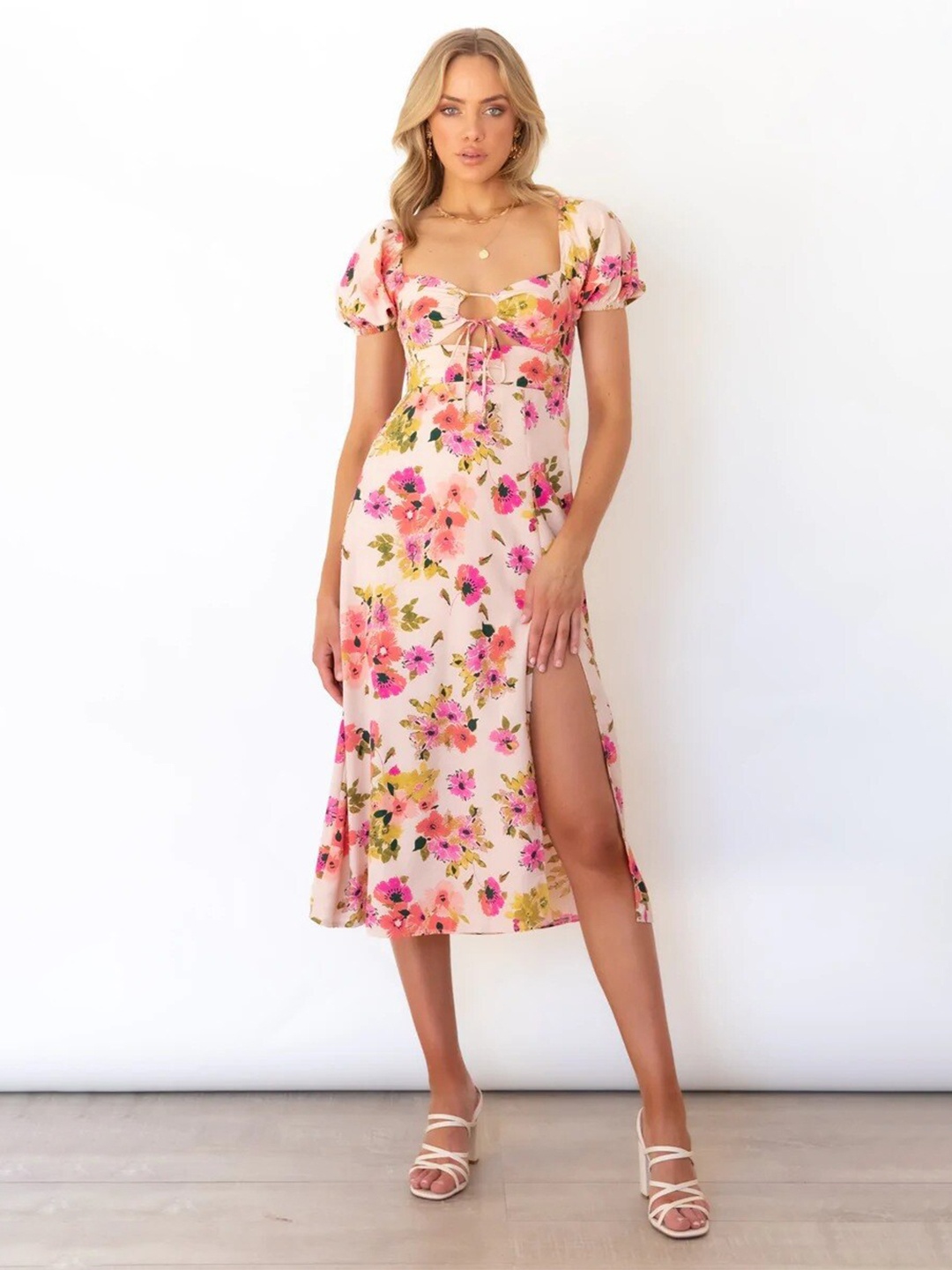 

StyleCast Pink Floral Printed Square Neck Puff Sleeves Cut-Outs Detail Sheath Midi Dress