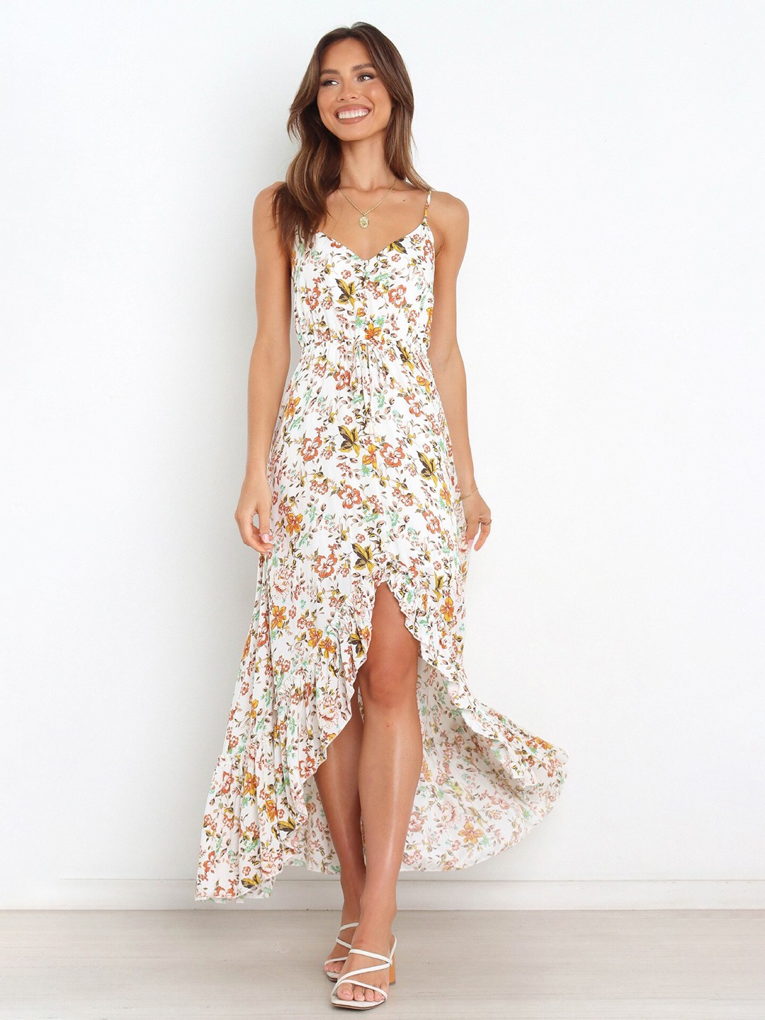 

StyleCast White Floral Printed Shoulder Straps Gathered Detail High-Low Cotton Midi Dress