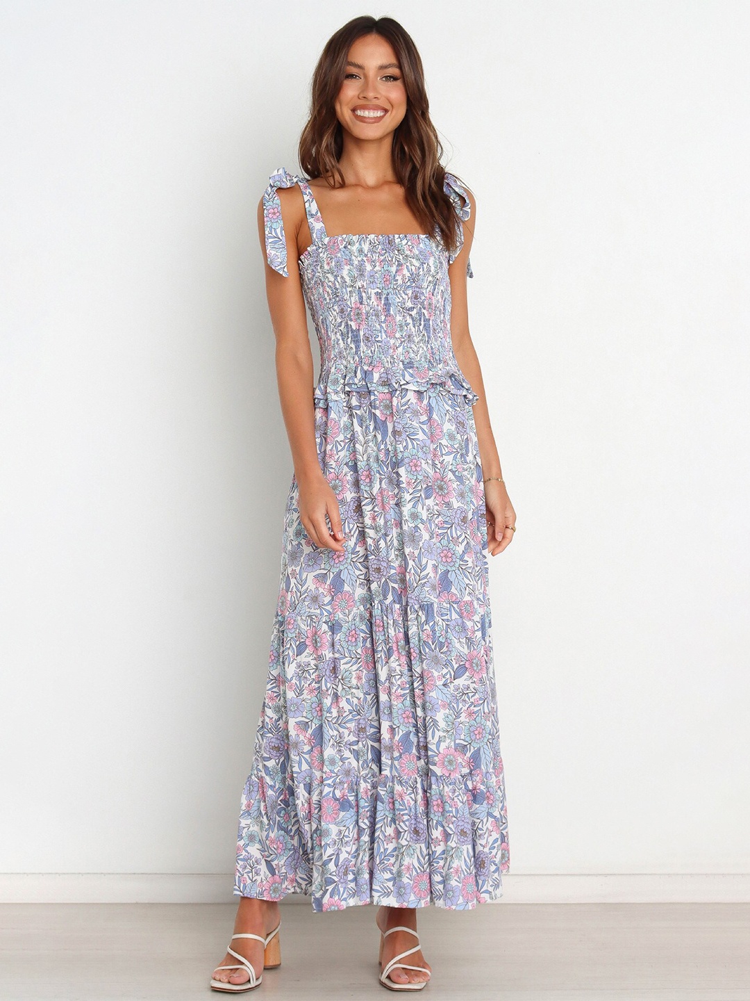 

StyleCast Blue Floral Printed Shoulder Straps Cotton Maxi Dress