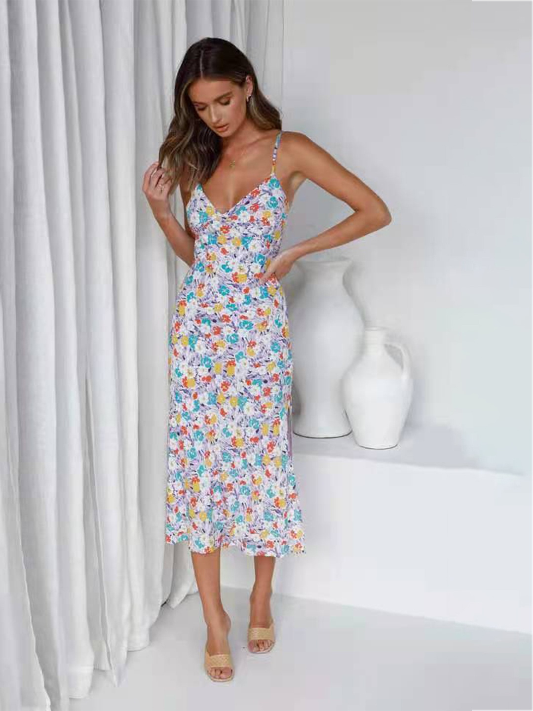 

StyleCast White Floral Printed Shoulder Straps A-Line Midi Dress