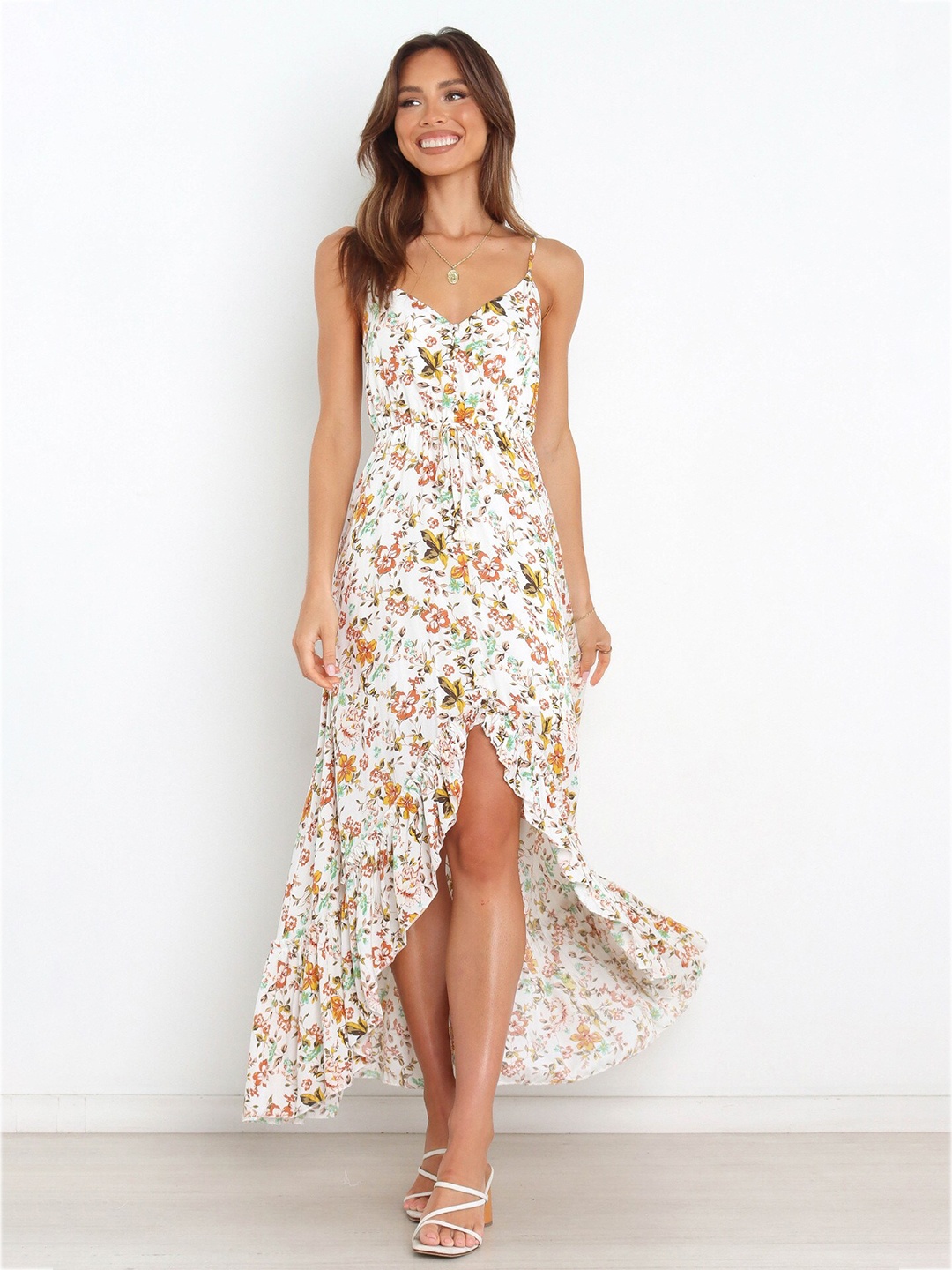 

StyleCast White Floral Printed Shoulder Straps Cotton Maxi Dress