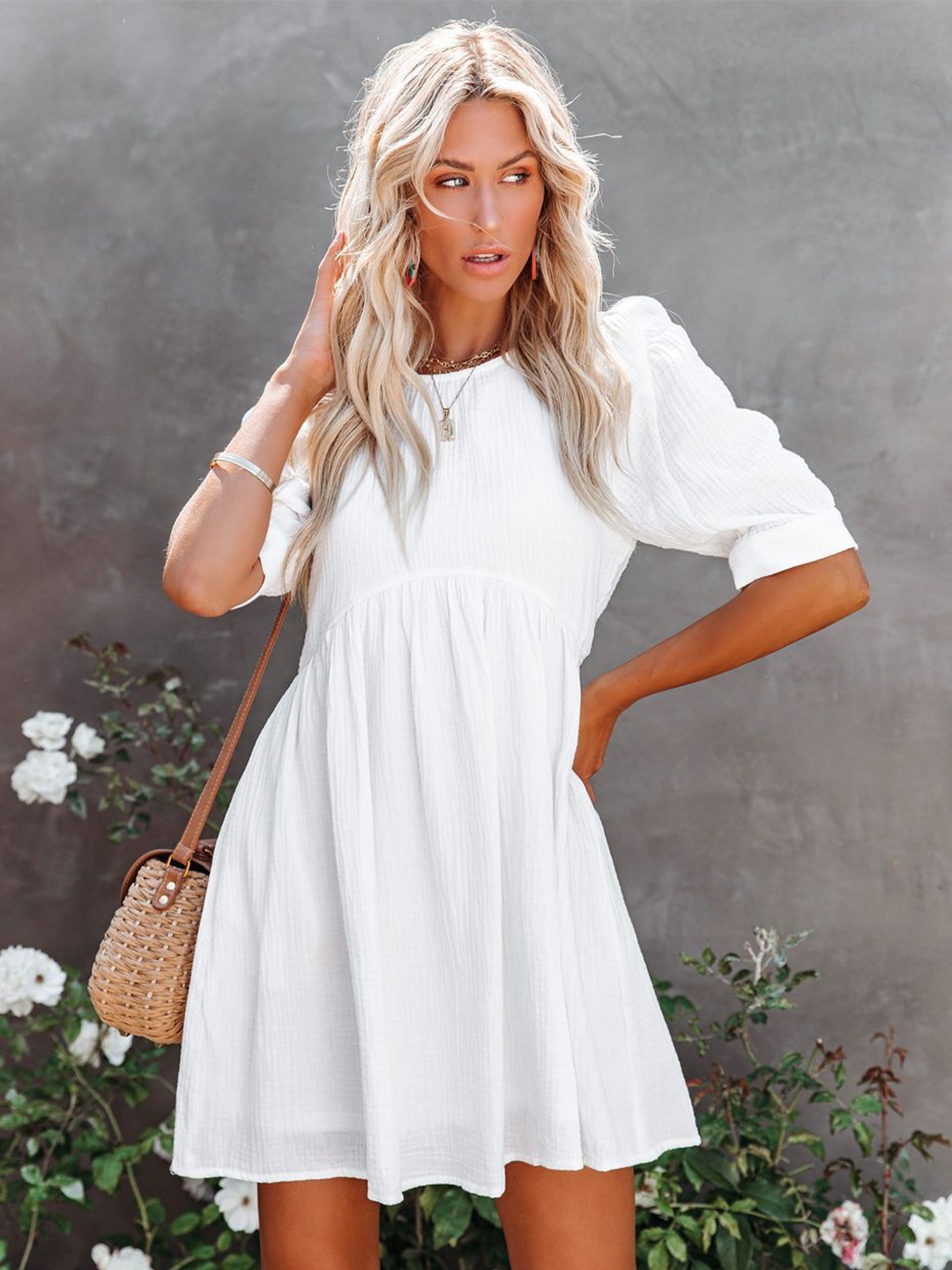 

StyleCast White Puff Sleeves Fit & Flare Cotton Dress