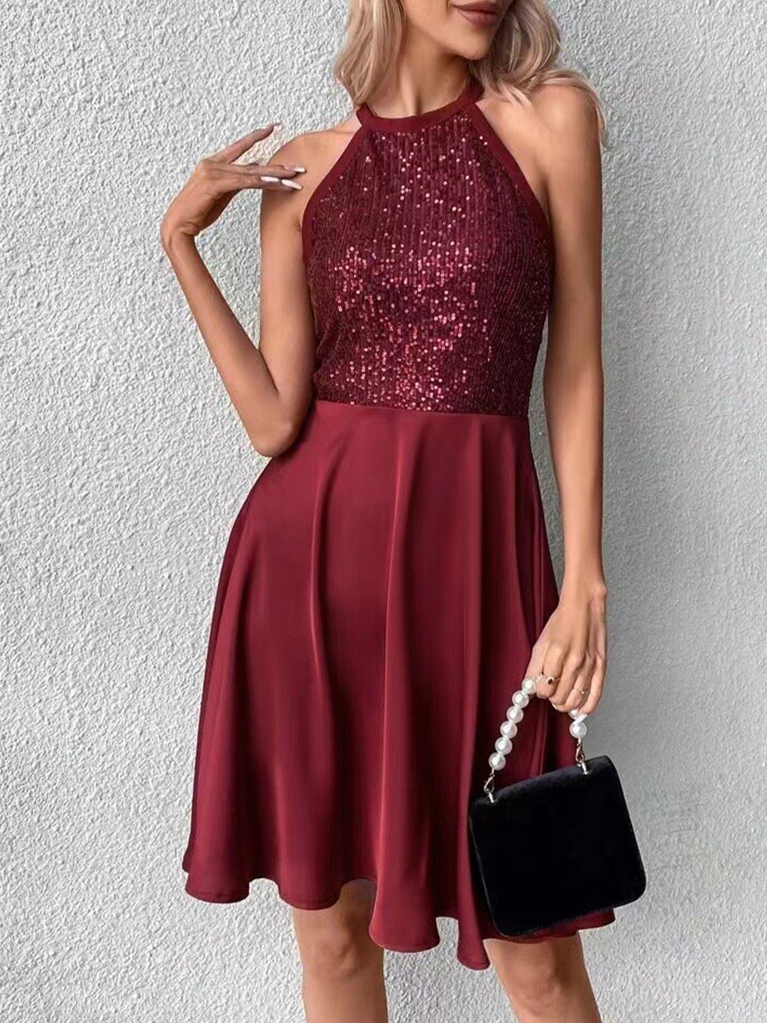 

StyleCast Maroon Embellished Halter Neck Sequined Fit & Flare Dress