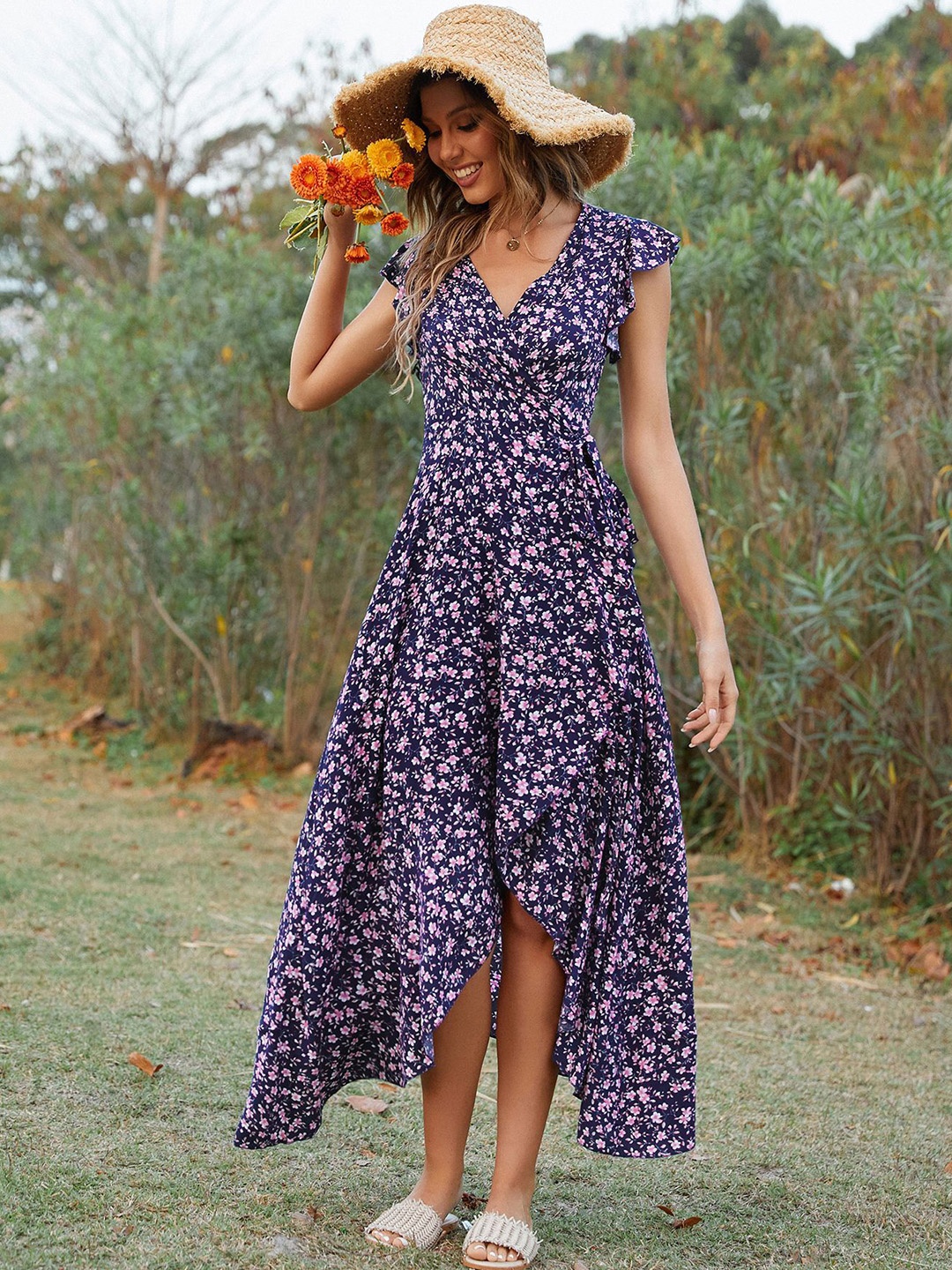 

StyleCast Navy Blue Floral Print Cotton Fit & Flare Midi Dress