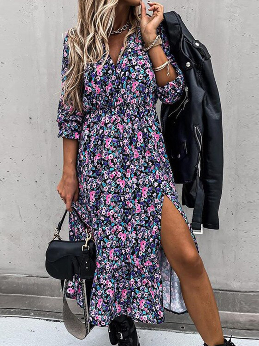 

StyleCast Black Floral Print Regular Sleeves A-Line Dress