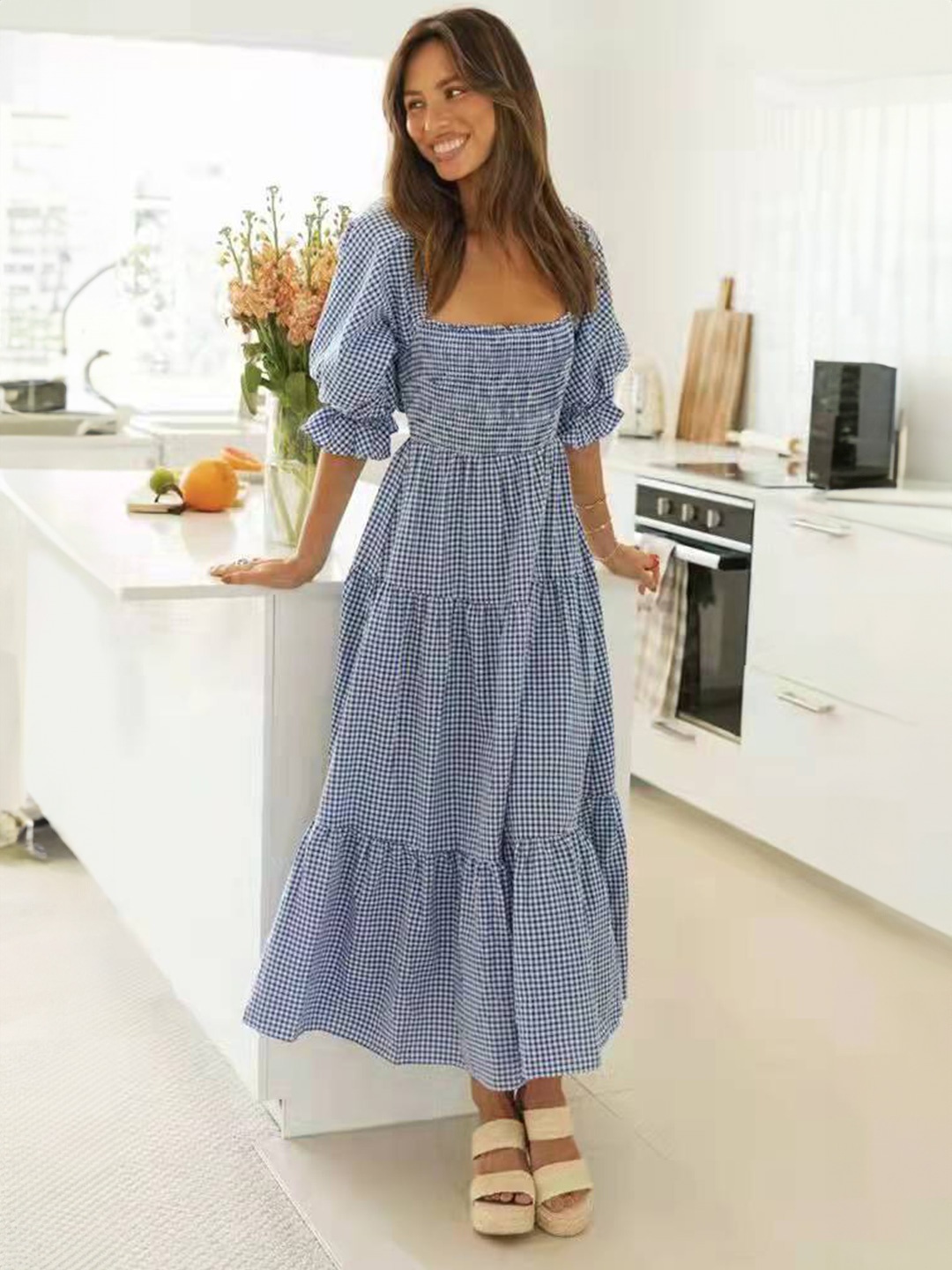

StyleCast Blue Checked Square Neck A-Line Dress