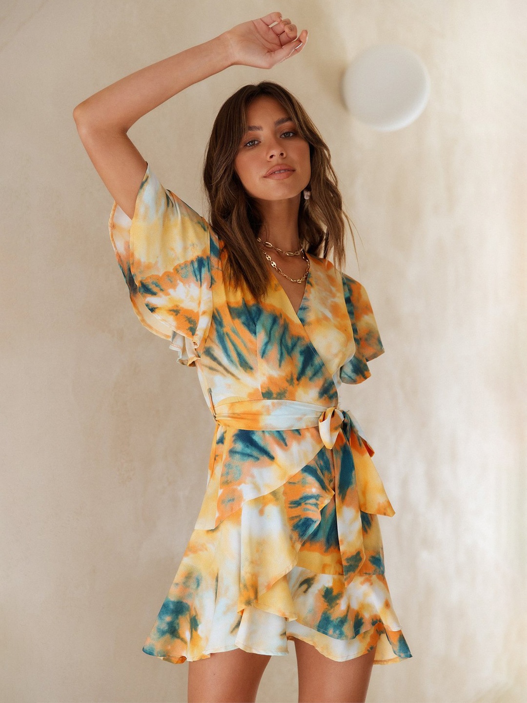 

StyleCast Yellow Tie and Dye Printed Bell Sleeve Dress