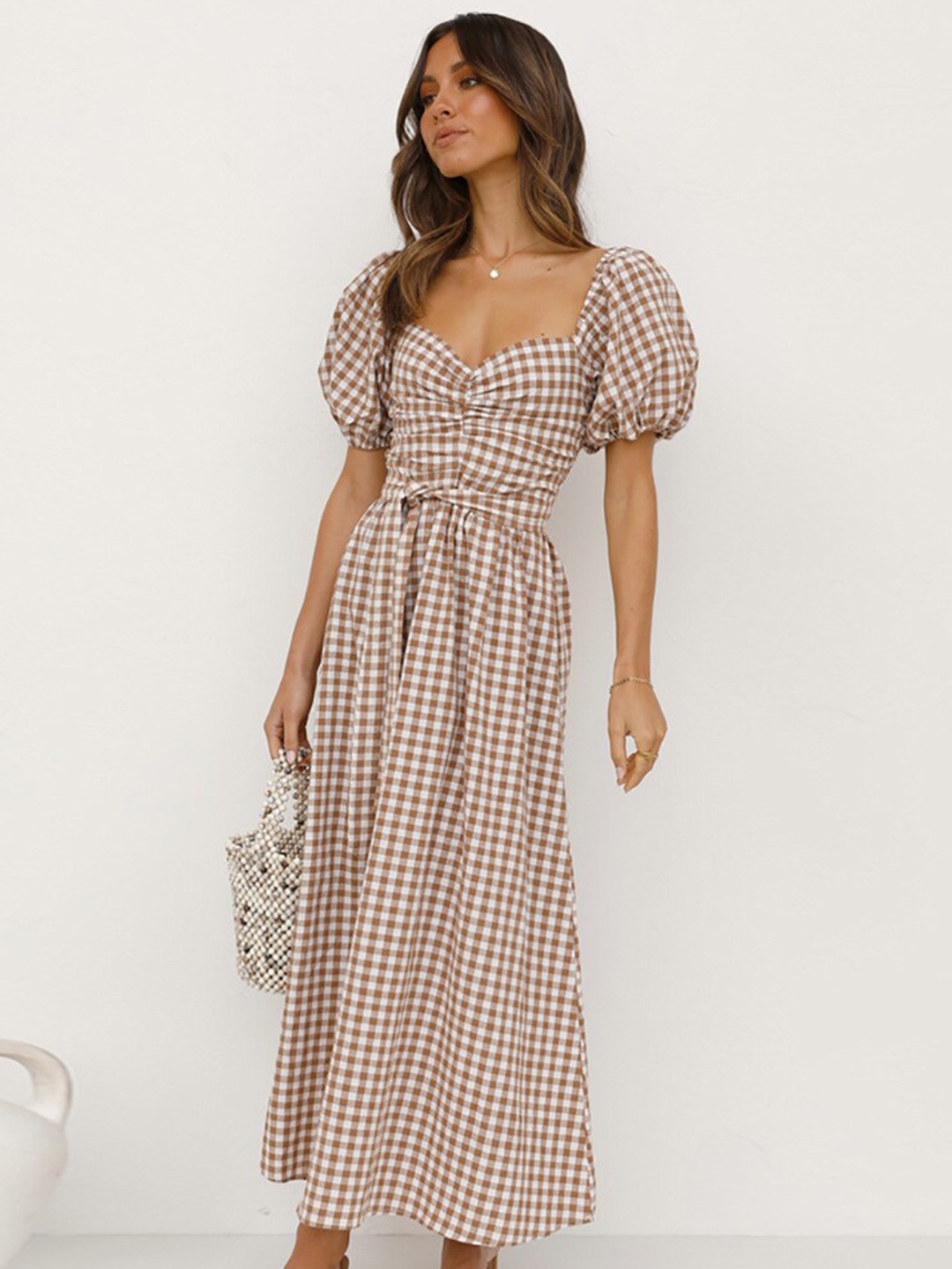 

StyleCast Brown Printed Sweetheart Neck Puff Sleeve Maxi Midi Dress