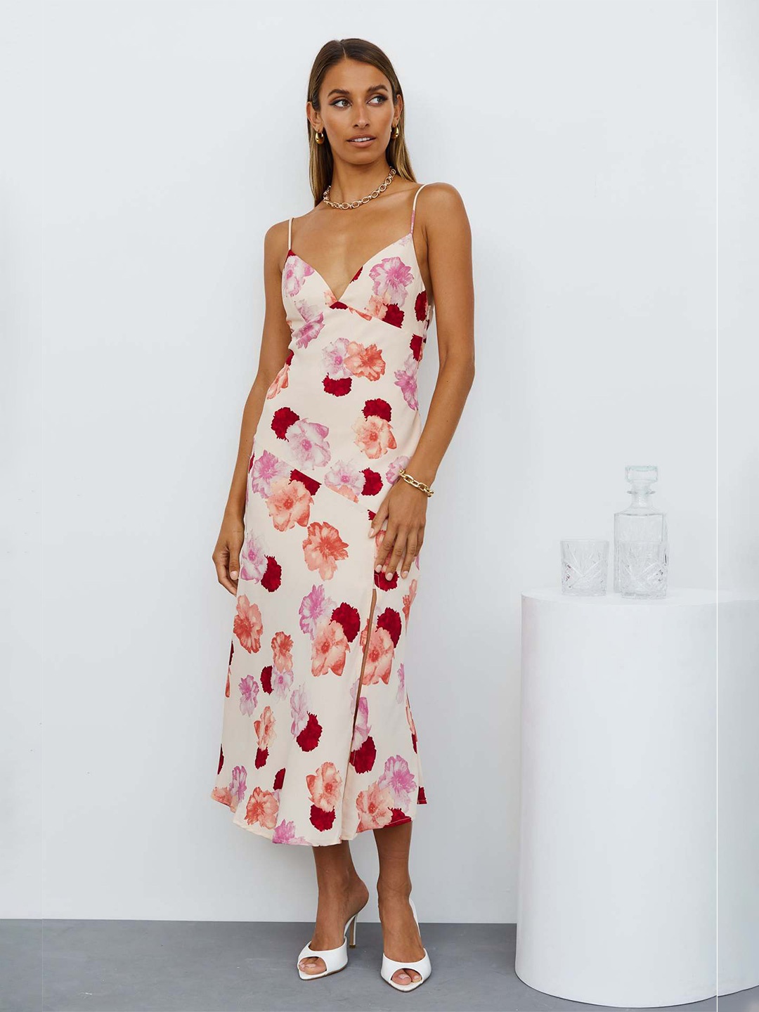 

StyleCast White Floral Printed A-Line Midi Dress, Pink