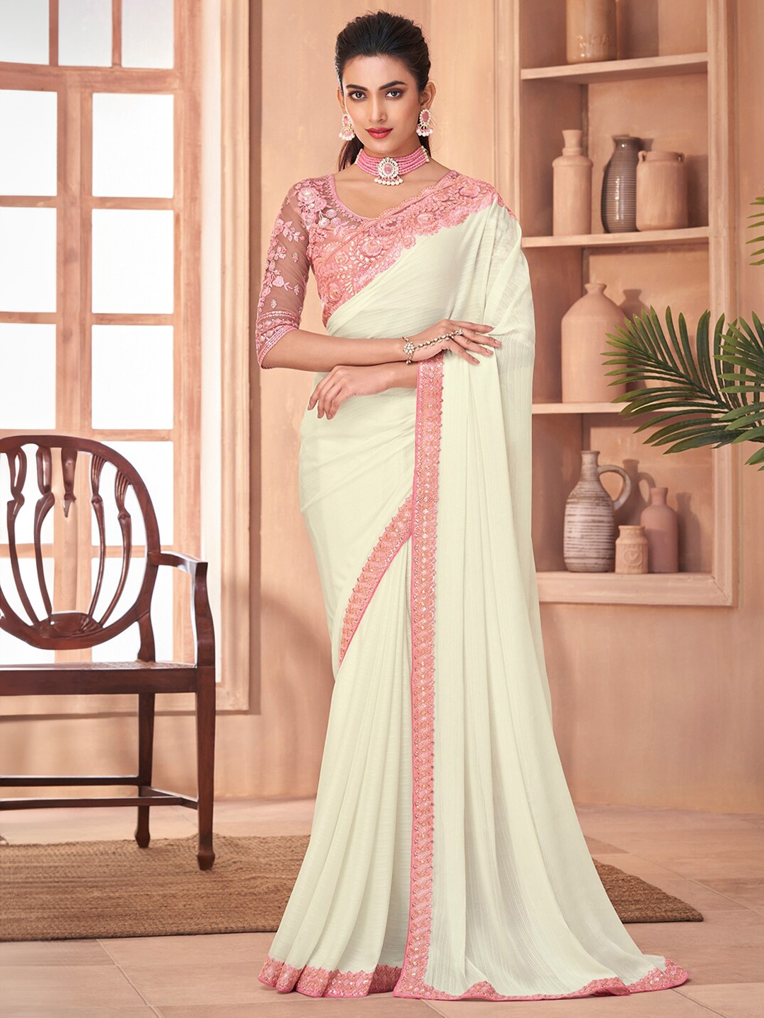 

Saree mall Off White Sequinned Embroidered Poly Chiffon Saree