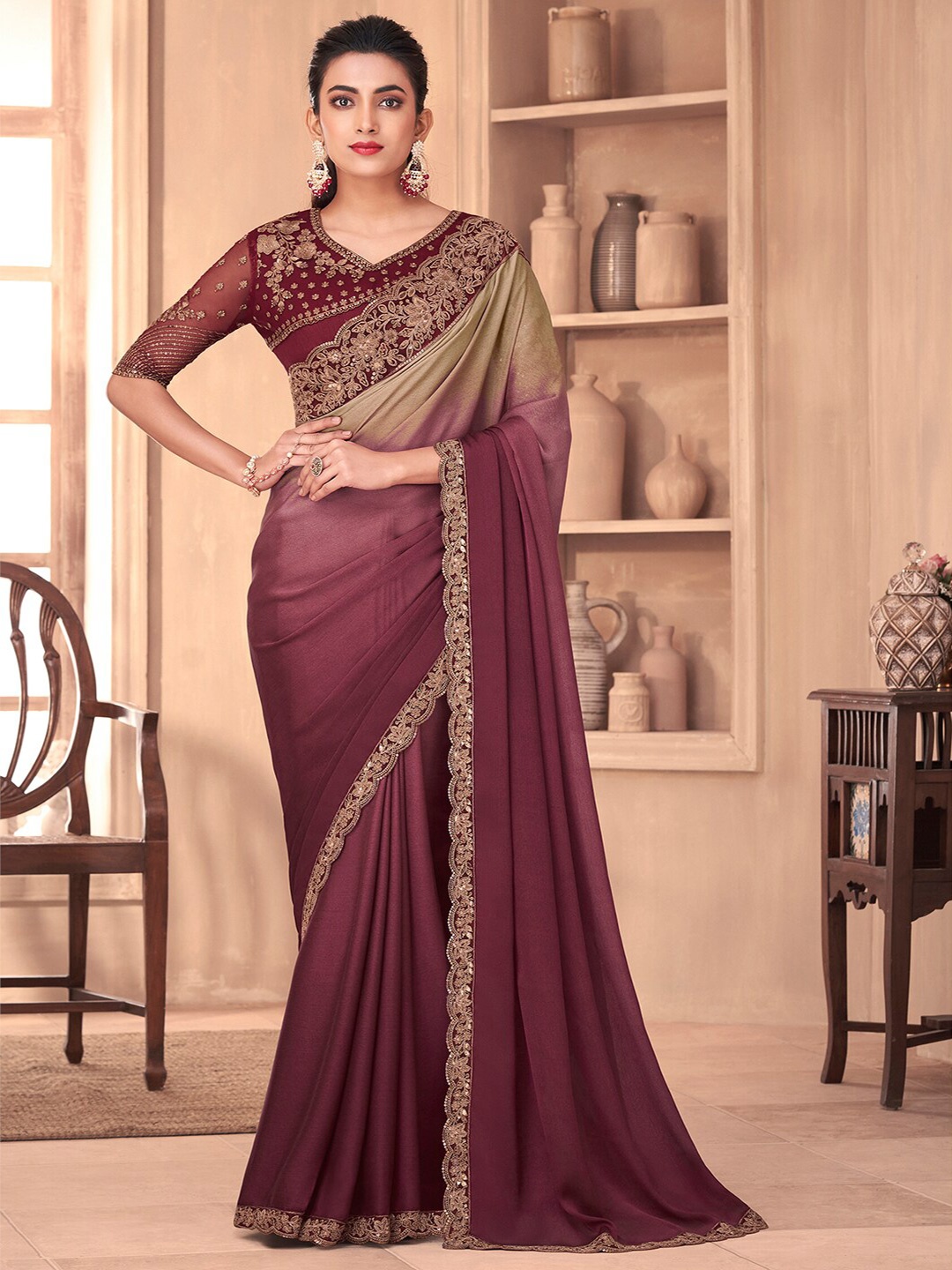 

Saree mall Ombre Embroidered Poly Georgette Saree, Magenta