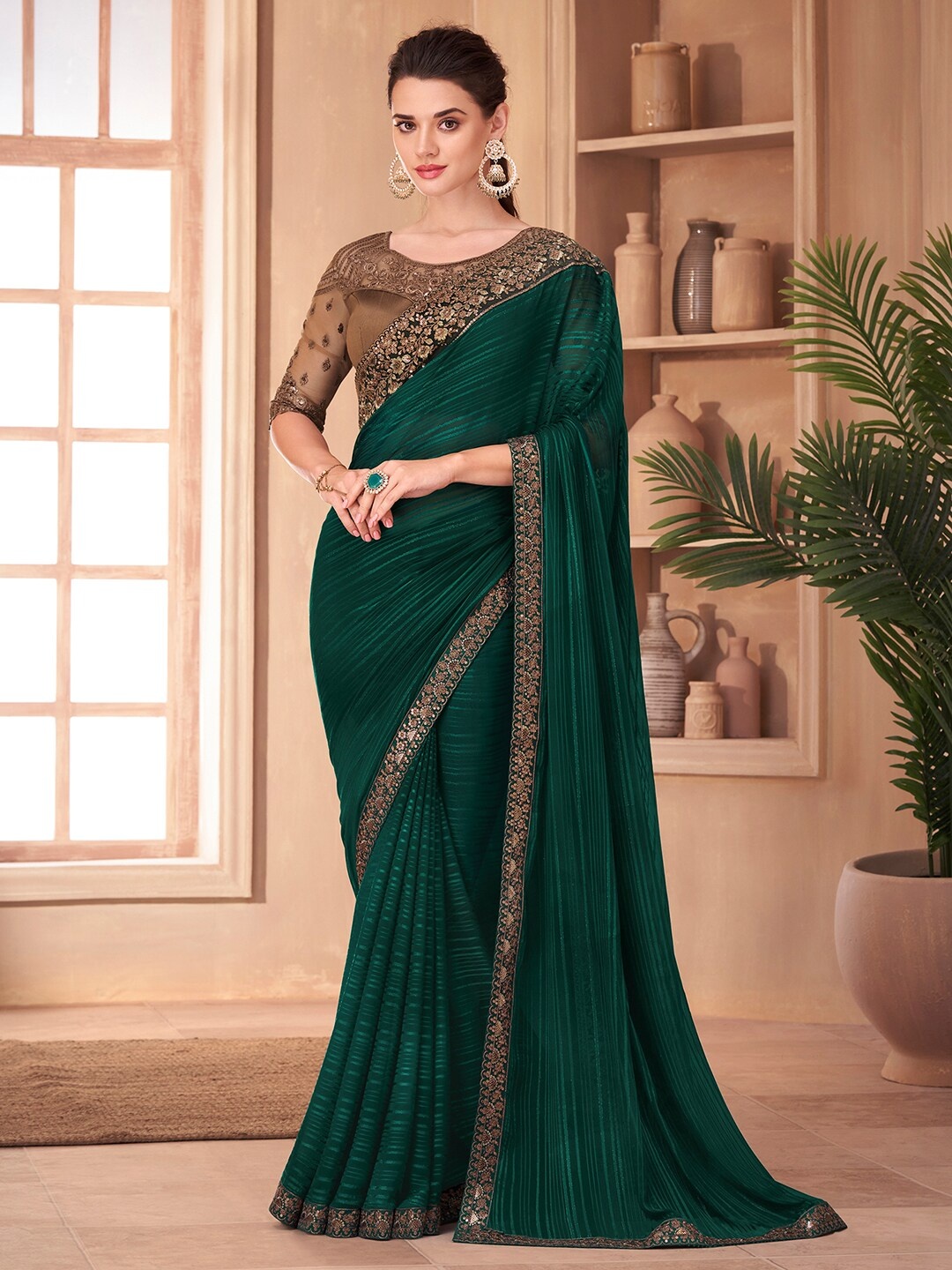 

Saree mall Striped Embroidered Poly Georgette Saree, Teal