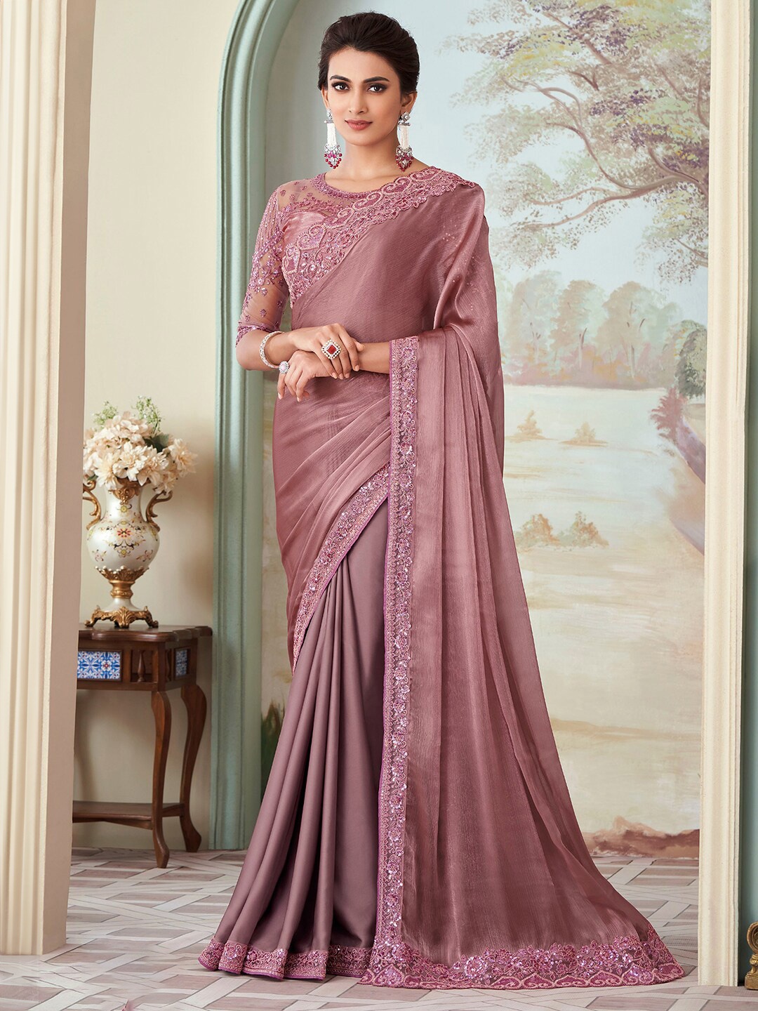 

Saree mall Sequinned Tissue Saree, Mauve