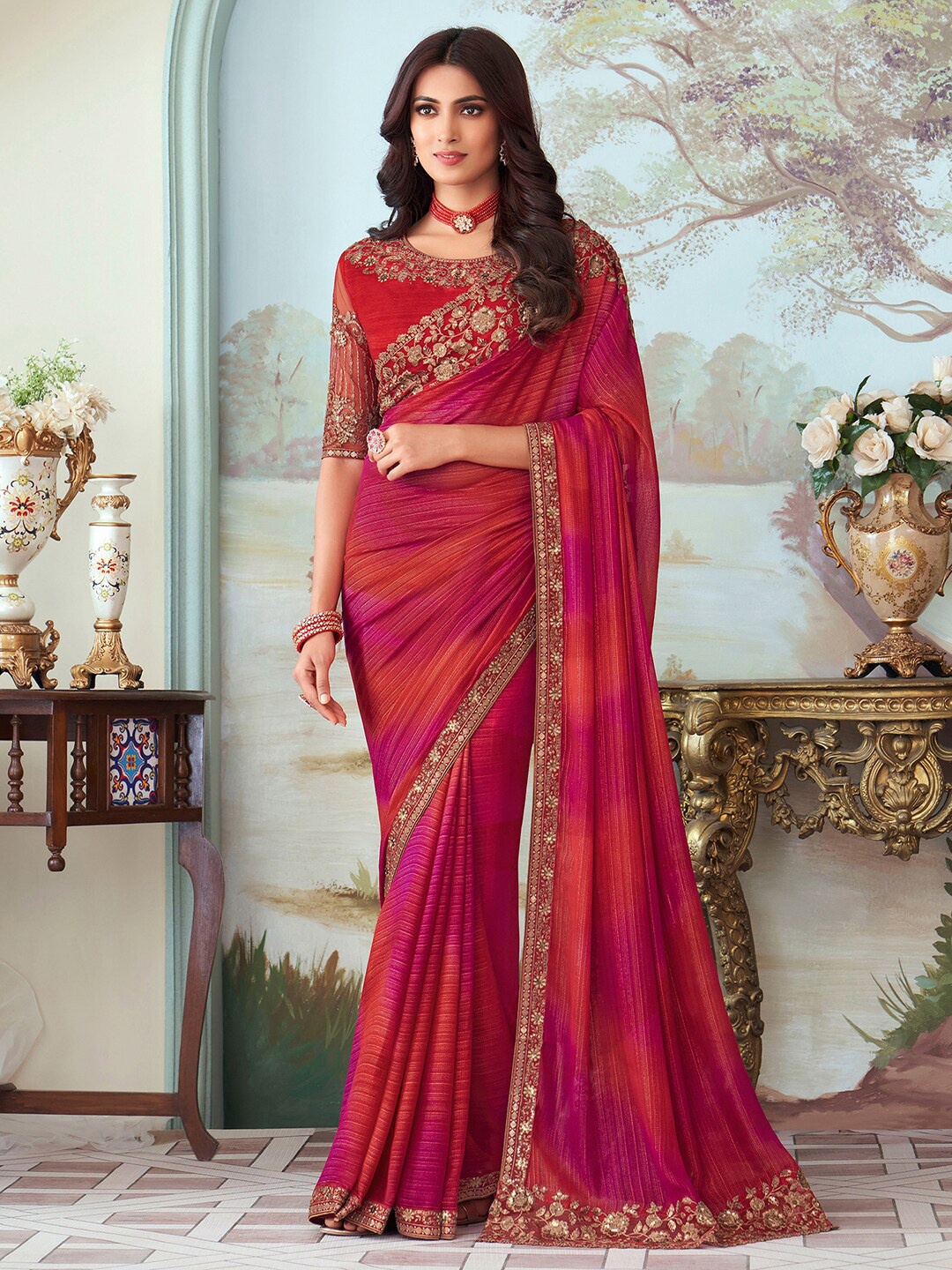 

Saree mall Floral Embroidered Pure Chiffon Saree, Pink