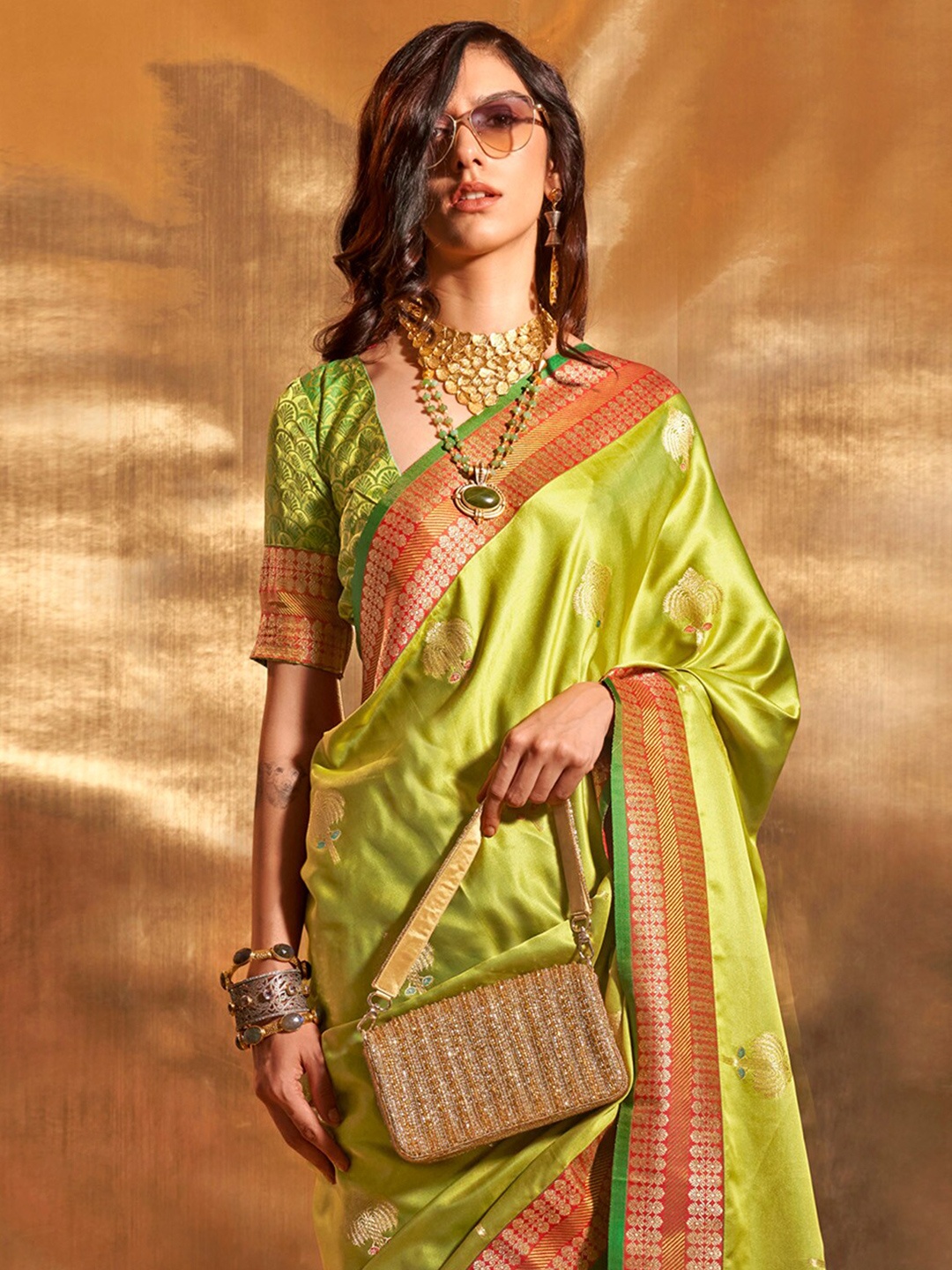 

Mitera Woven Design Zari Satin Banarasi Saree, Green