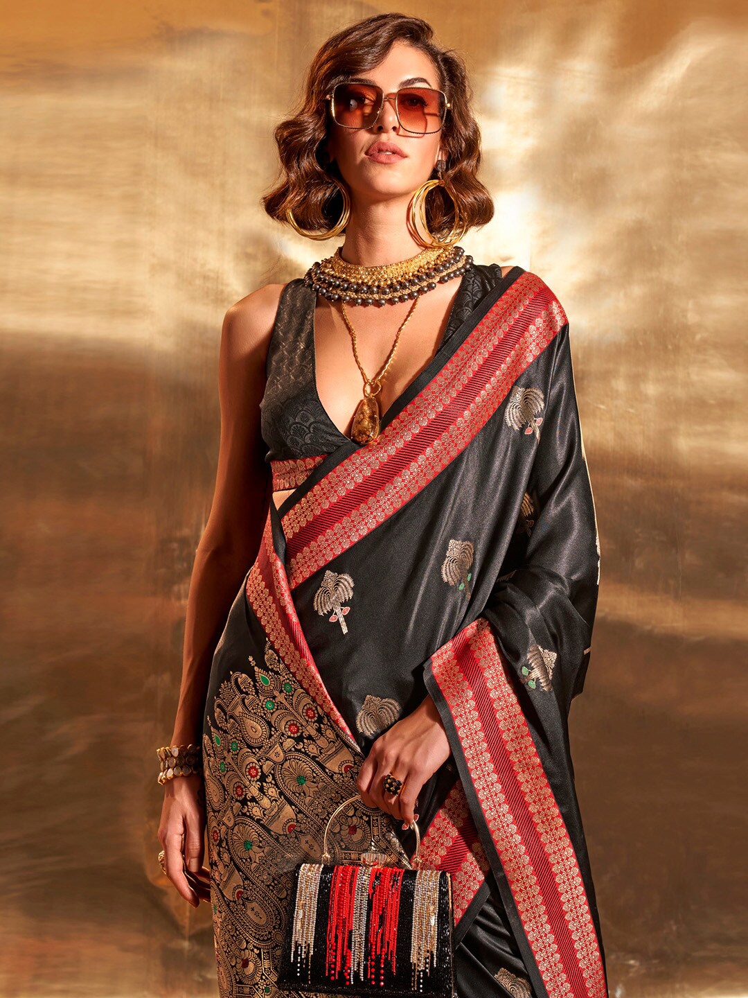 

Mitera Woven Design Zari Satin Banarasi Saree, Black