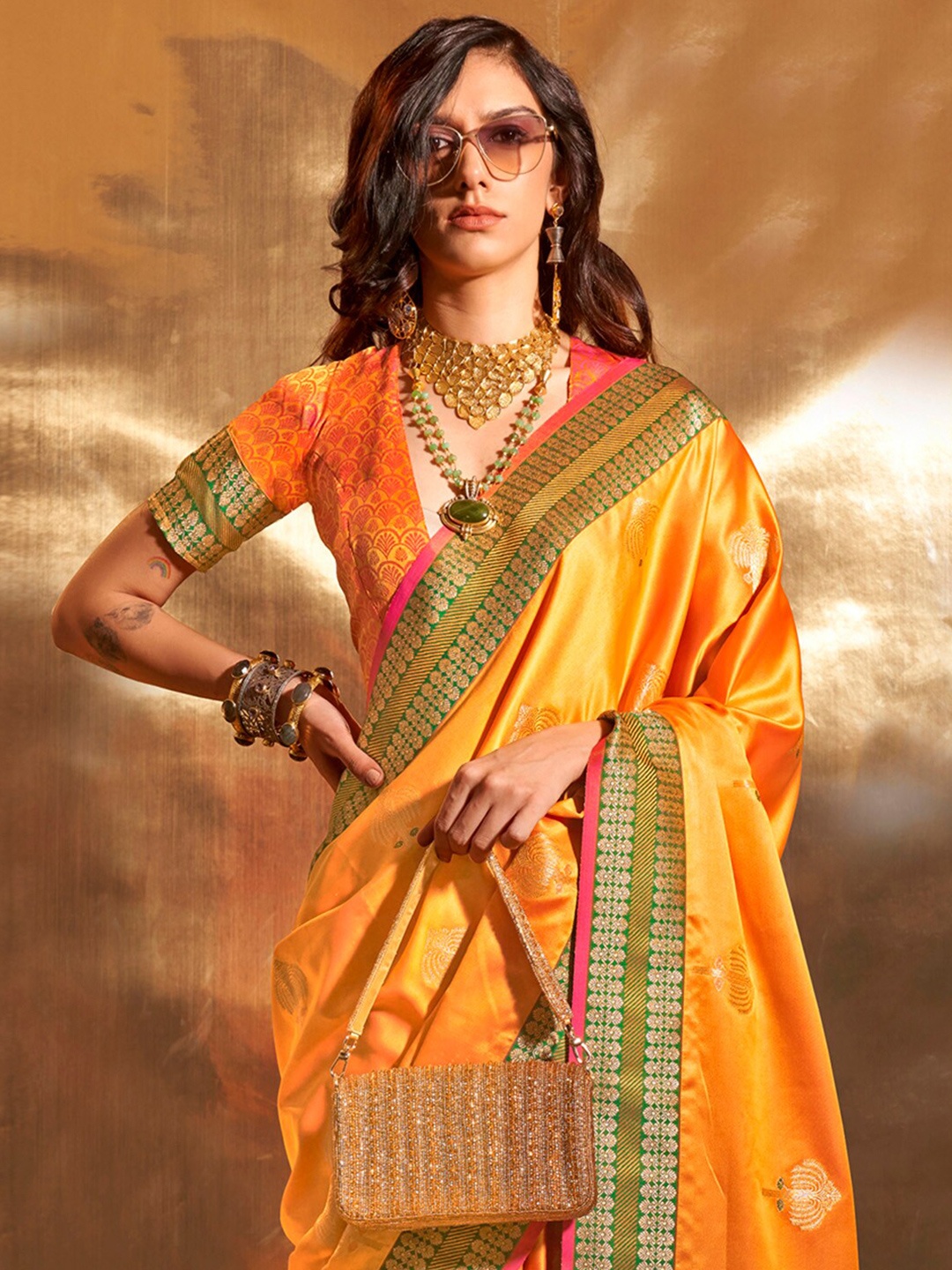 

Mitera Woven Design Zari Satin Saree, Yellow