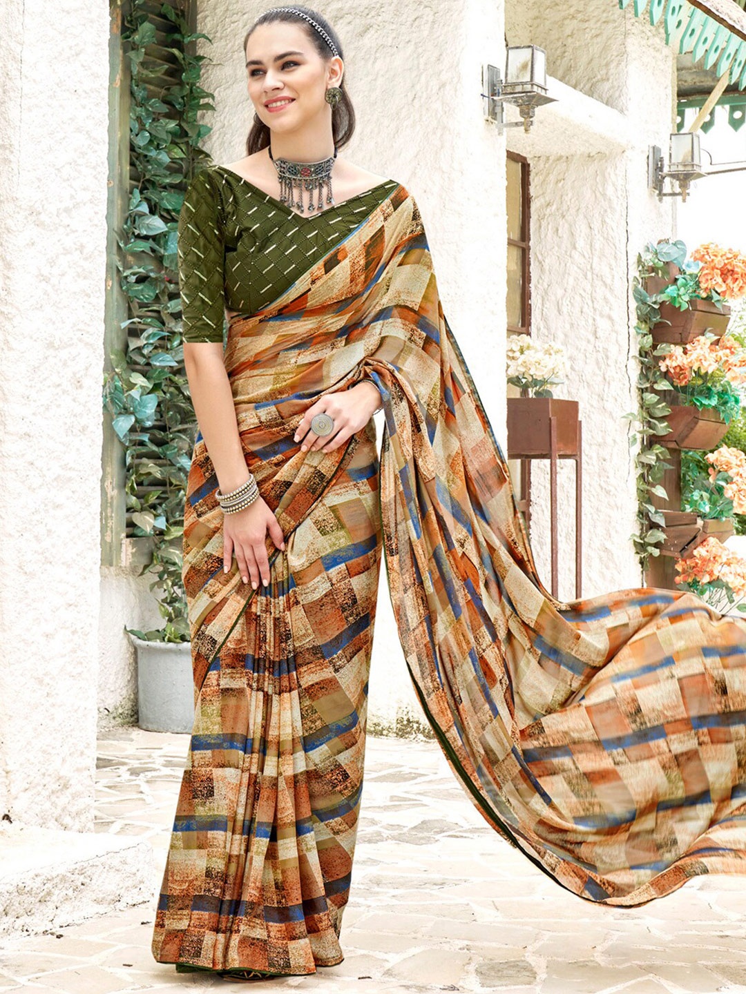 

Saree mall Geometric Printed Pure Georgette Saree, Beige