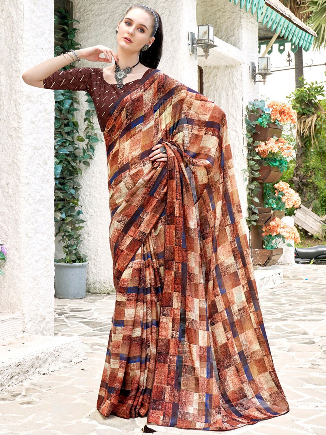 

Saree mall Brown Geometric Pure Georgette Block Print Saree