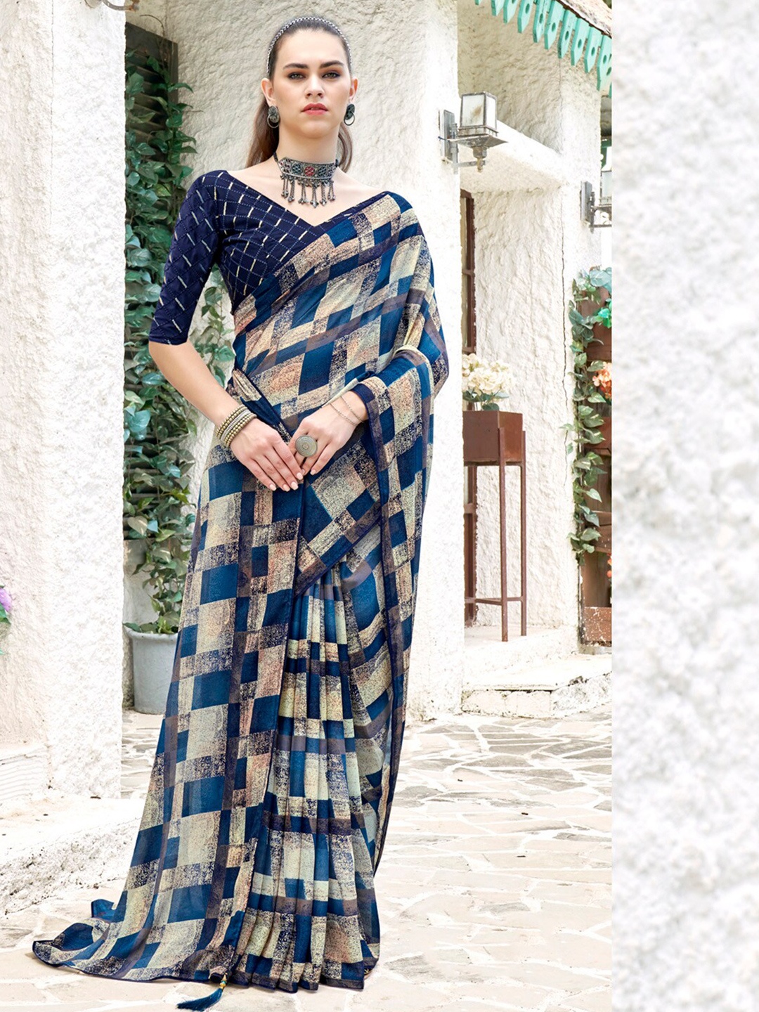 

Saree mall Navy Blue Geometric Pure Georgette Block Print Saree
