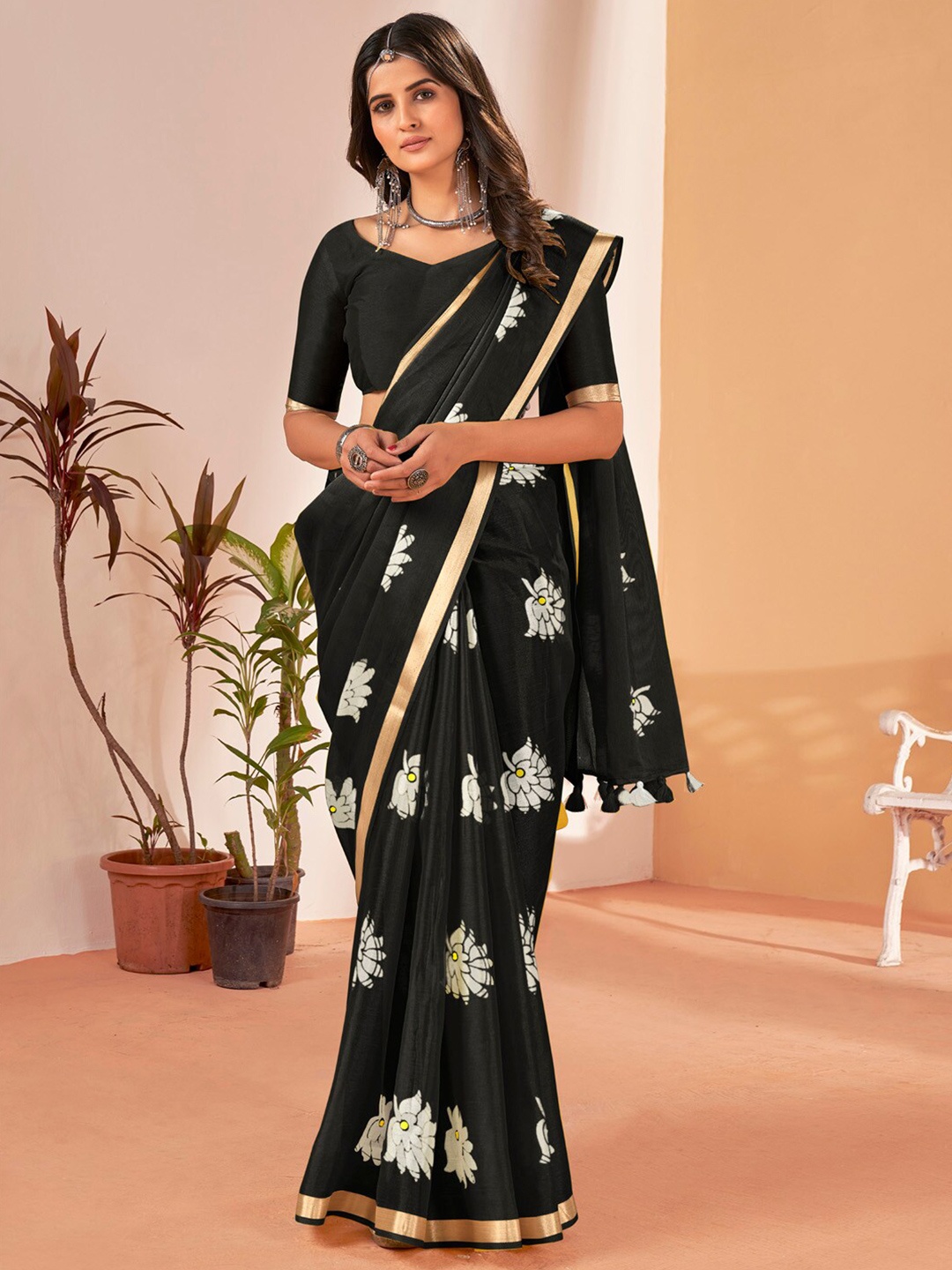 

Saree mall Floral Printed Zari Bagh Saree With Tassels, Black