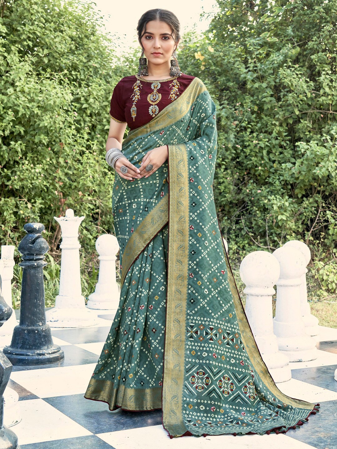 

Saree mall Sea Green Printed Zari Silk Bandhani Saree