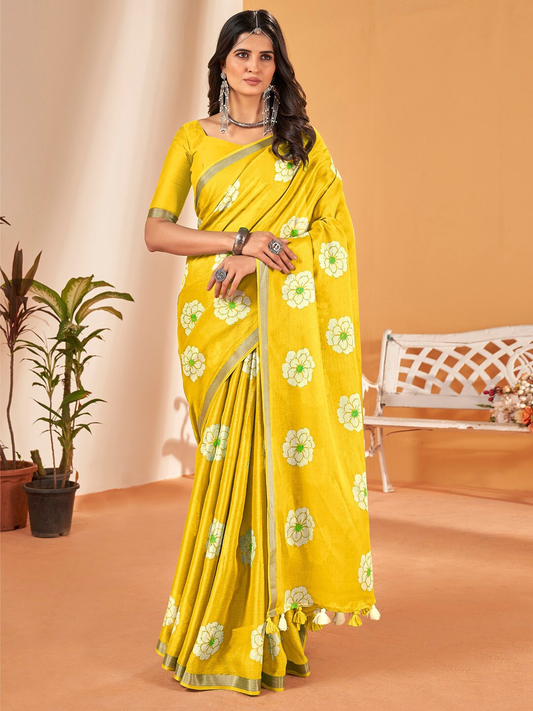 

Saree mall Floral Printed Zari Saree With Tassels, Yellow
