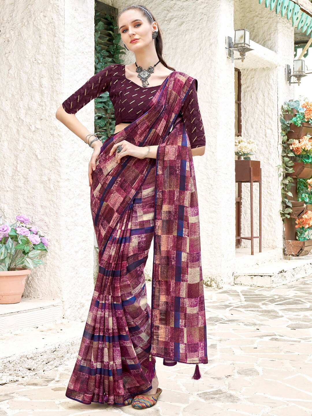 Saree mall Magenta Geometric Poly Georgette Block Print Saree