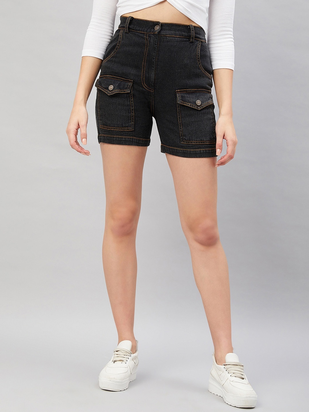 

Orchid Blues Women High-Rise Denim Shorts, Black