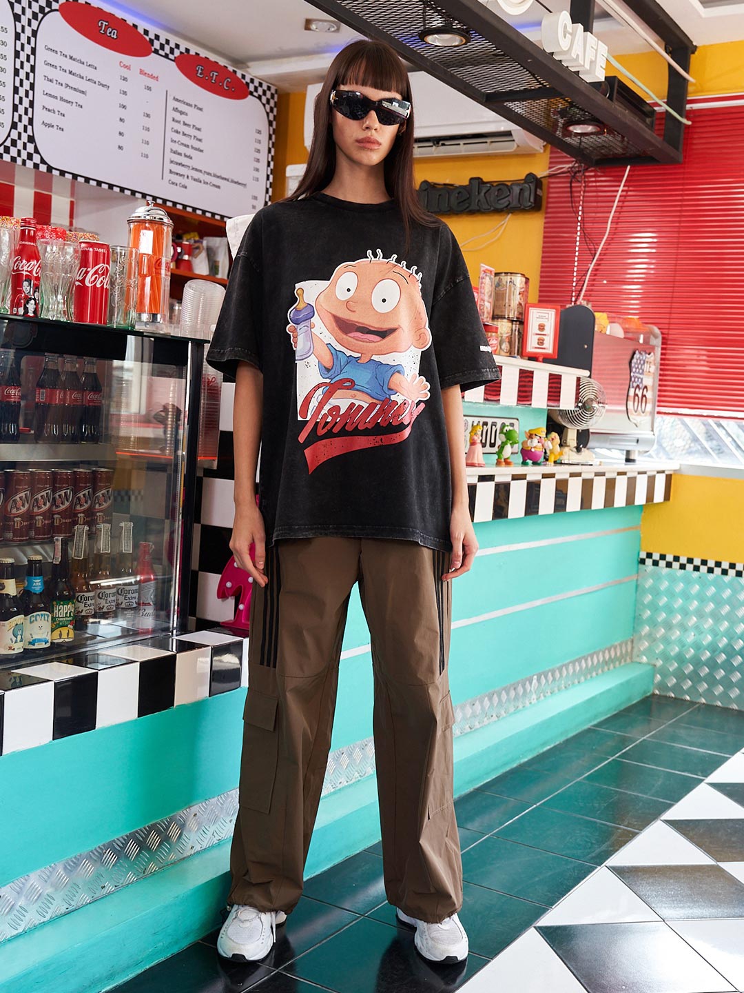Bonkers Corner Graphic Printed Cotton Oversized T-Shirt, Black