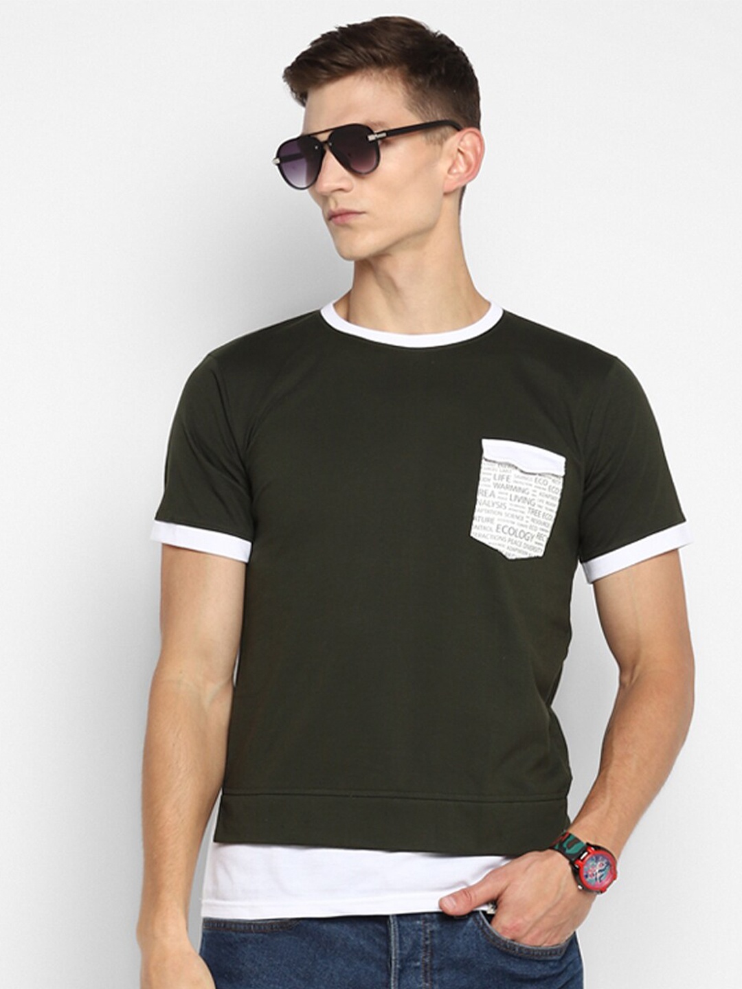 

Bukkl Round Neck Cotton Slim Fit T-shirt, Olive
