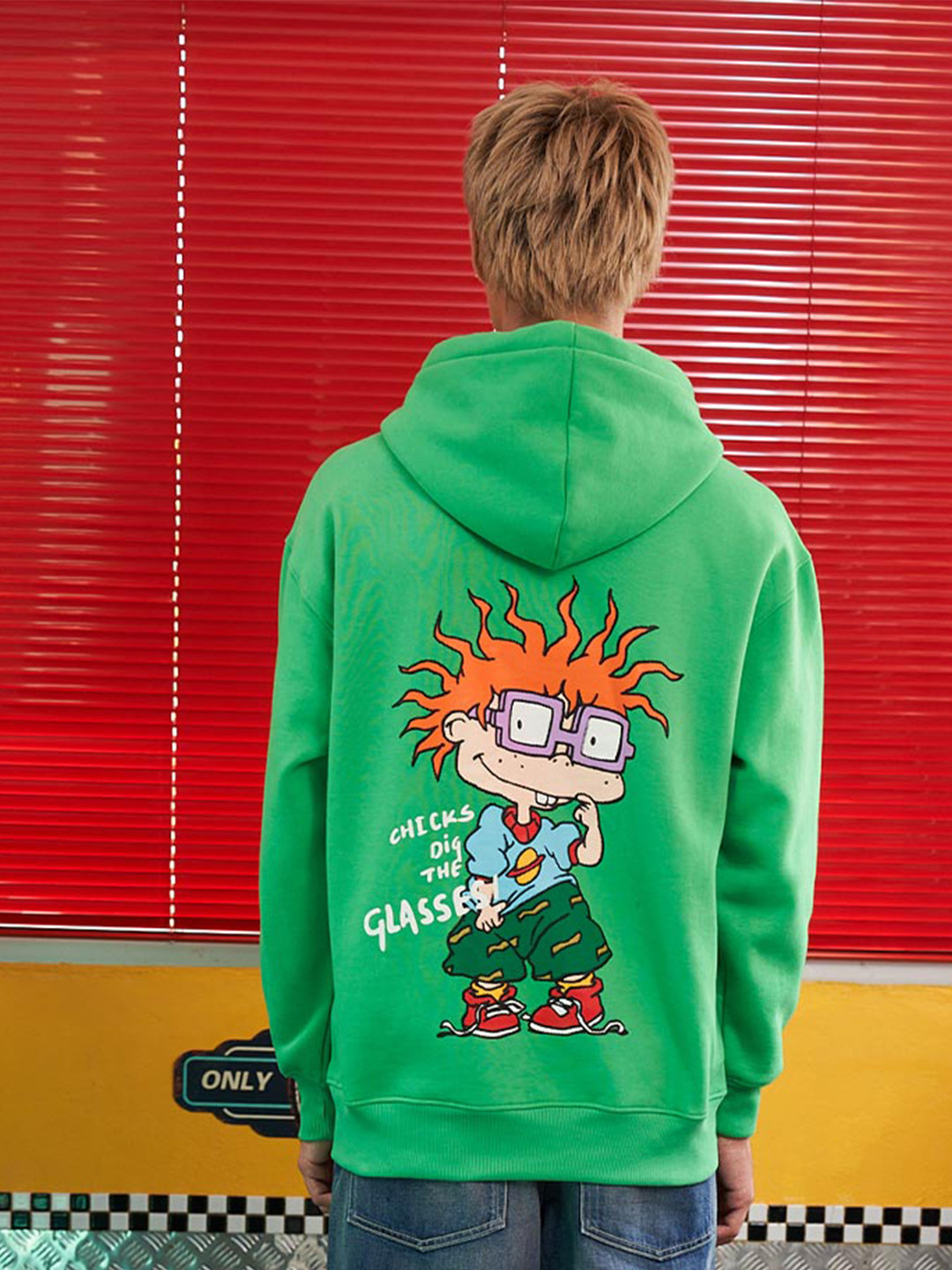 

Bonkers Corner Green Graphic Printed Drop-Shoulder Sleeves Hooded Cotton Sweatshirt