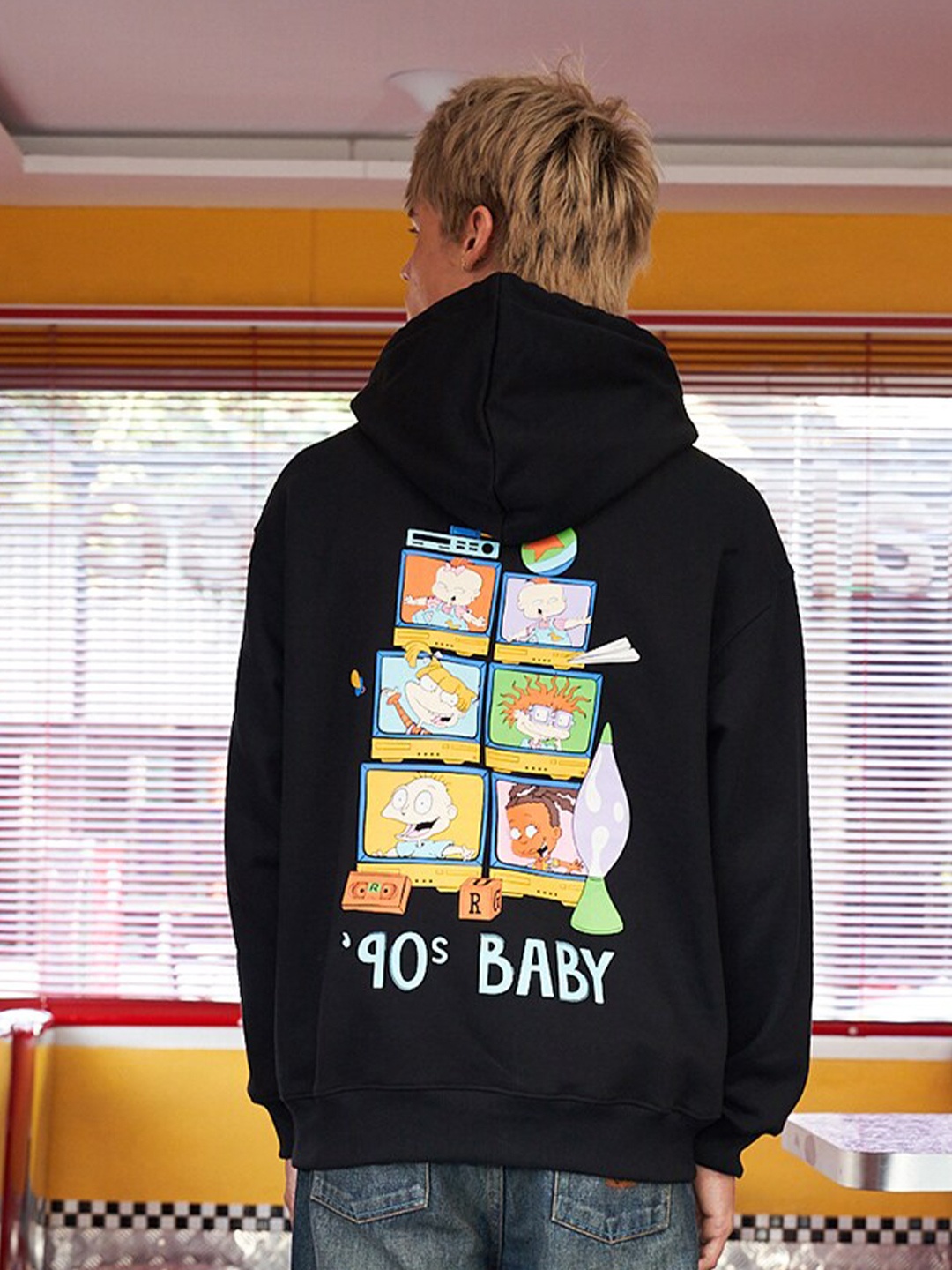 

Bonkers Corner Black Graphic Printed Drop-Shoulder Sleeves Hooded Cotton Sweatshirt