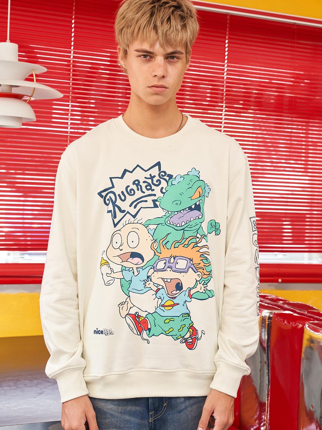 Bonkers Corner Off White Graphic Printed Drop-Shoulder Sleeves Cotton Sweatshirt