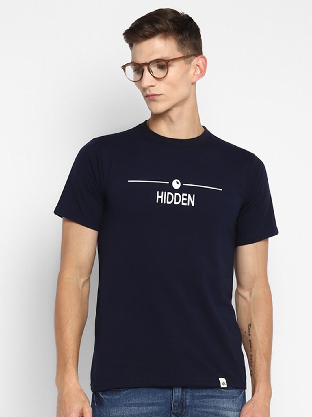 Bukkl Typography Printed Round Neck Cotton Slim Fit T-shirt, Navy blue