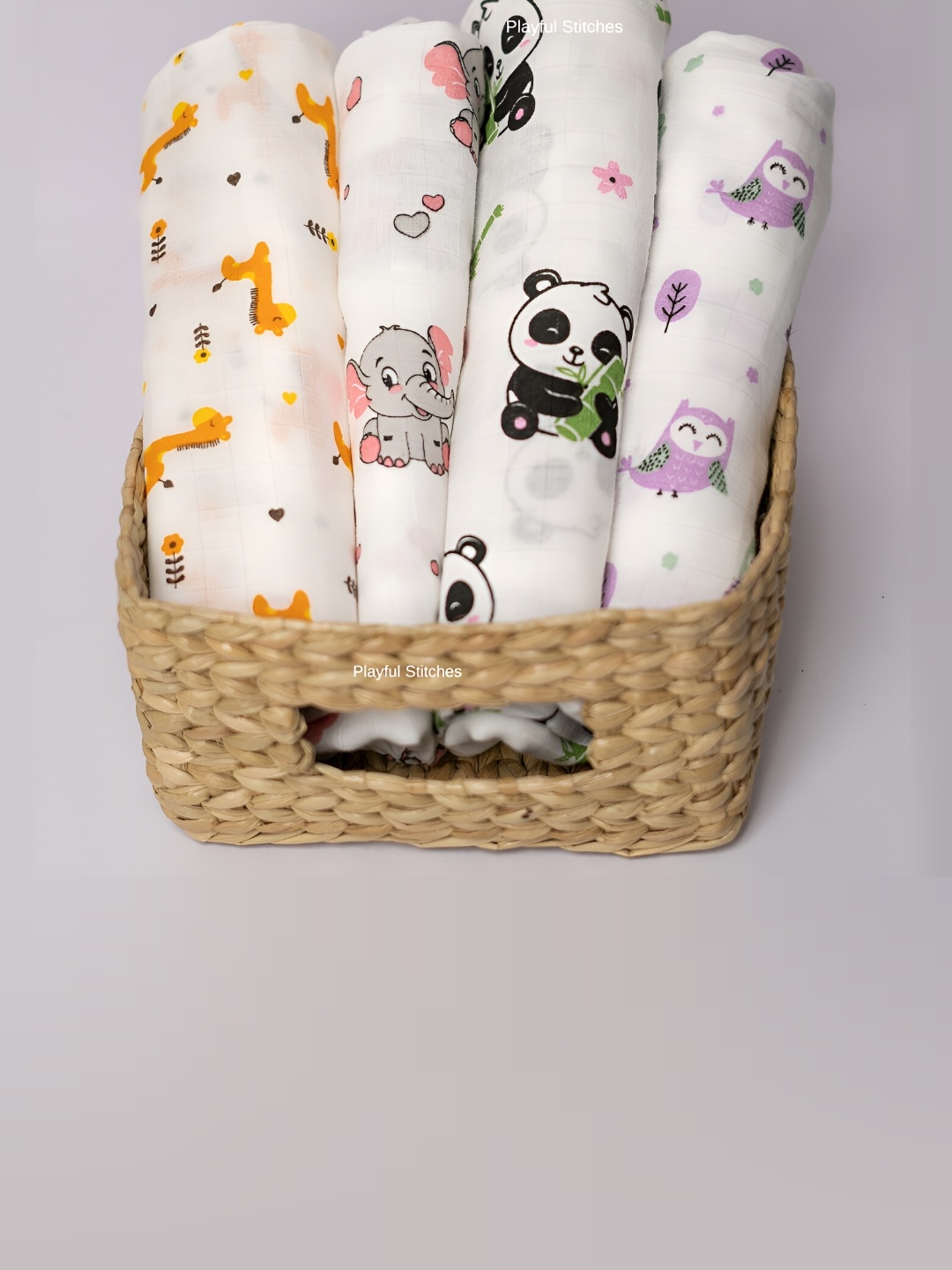 

PLAYFUL STITCHES White & Purple 4 Pieces Printed 150 GSM Pure Cotton Baby Swaddle