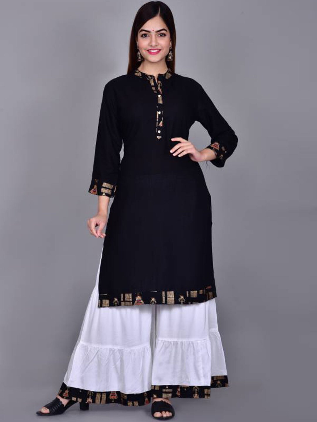 

BAESD Ethnic Motifs Yoke Design Mandarin Collar Straight Kurta With Sharara, Black