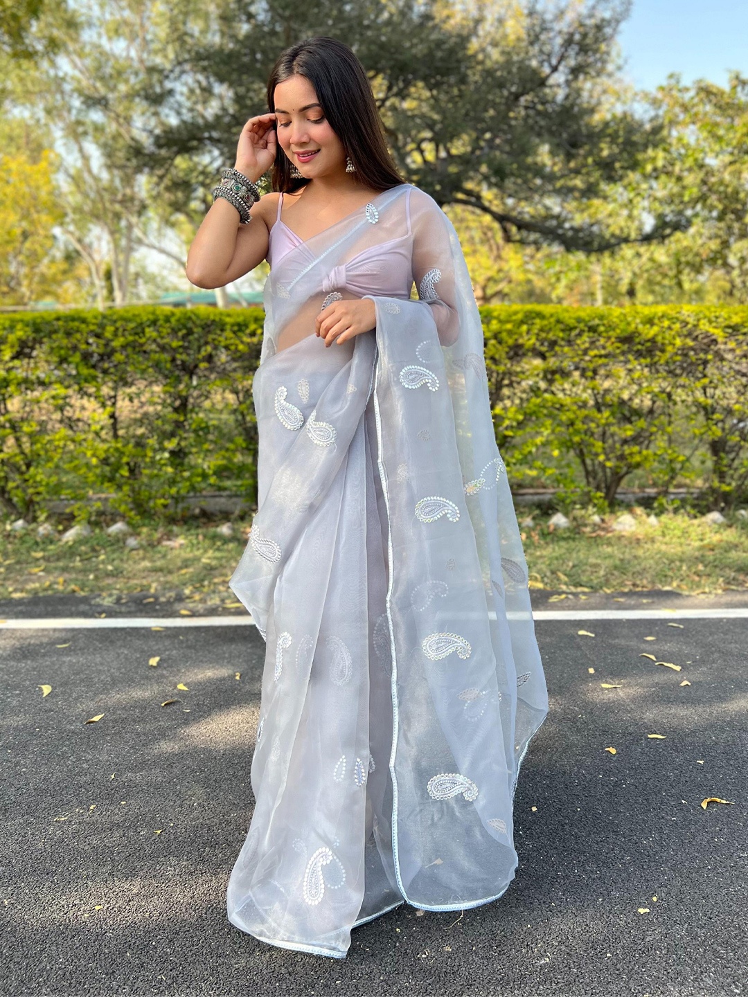 

Ekasya Paisley Sequinned Organza Saree, Grey