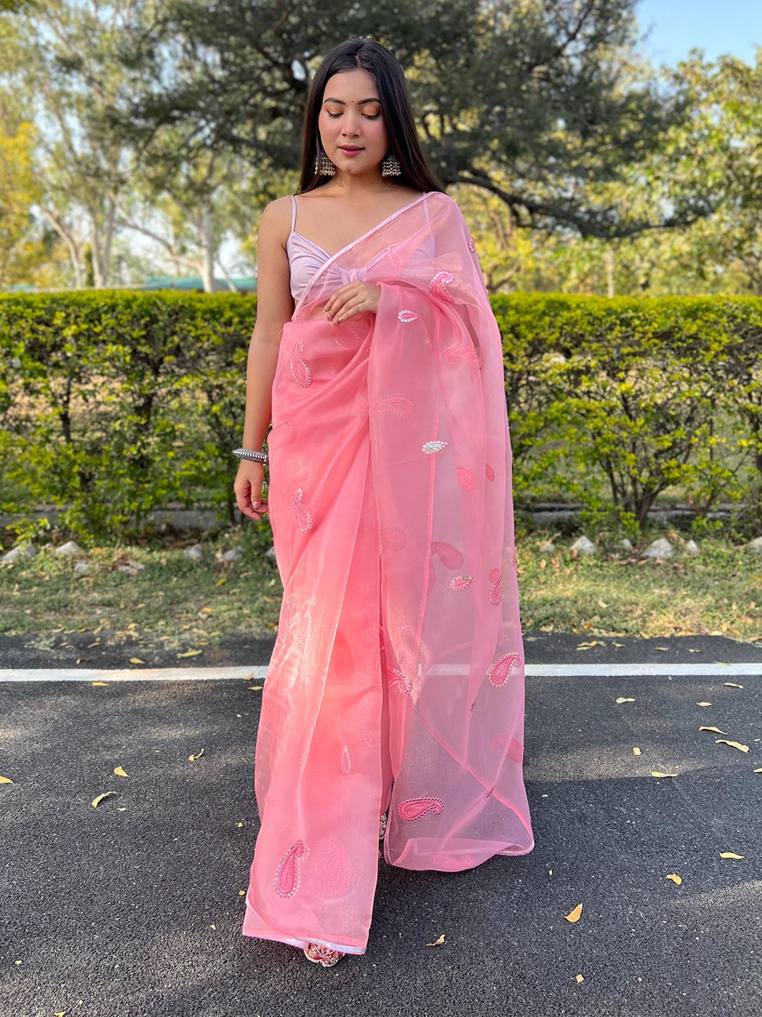 

Ekasya Paisley Sequinned Organza Saree, Peach