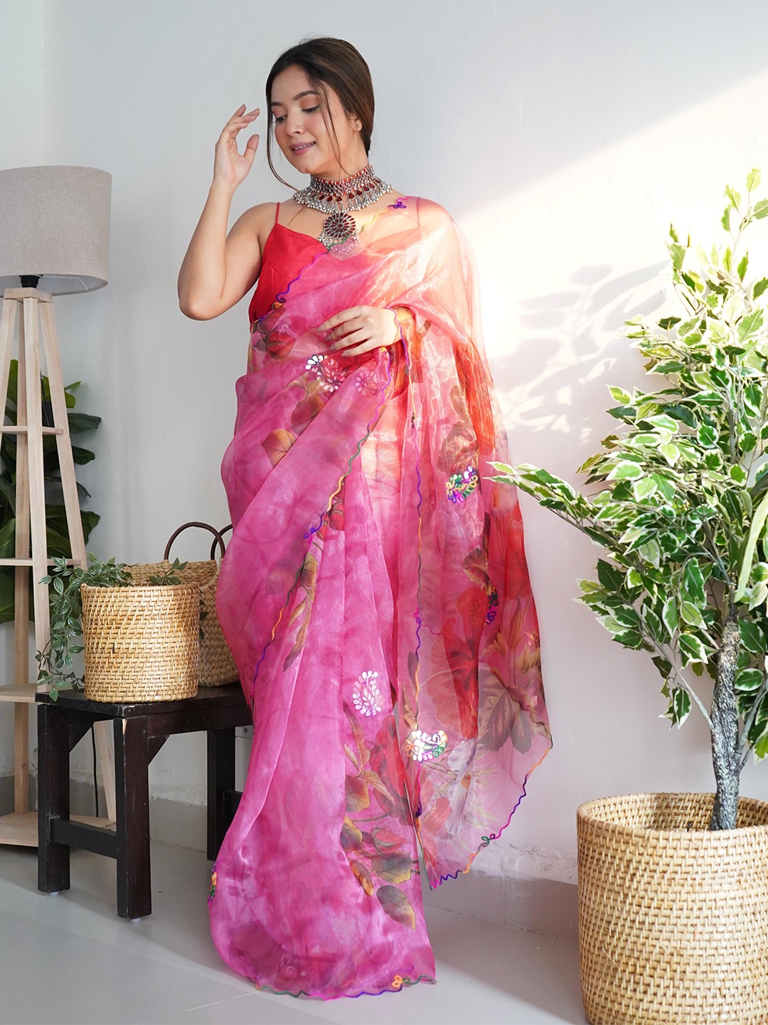 

Ekasya Floral Mirror Work Organza Saree, Pink