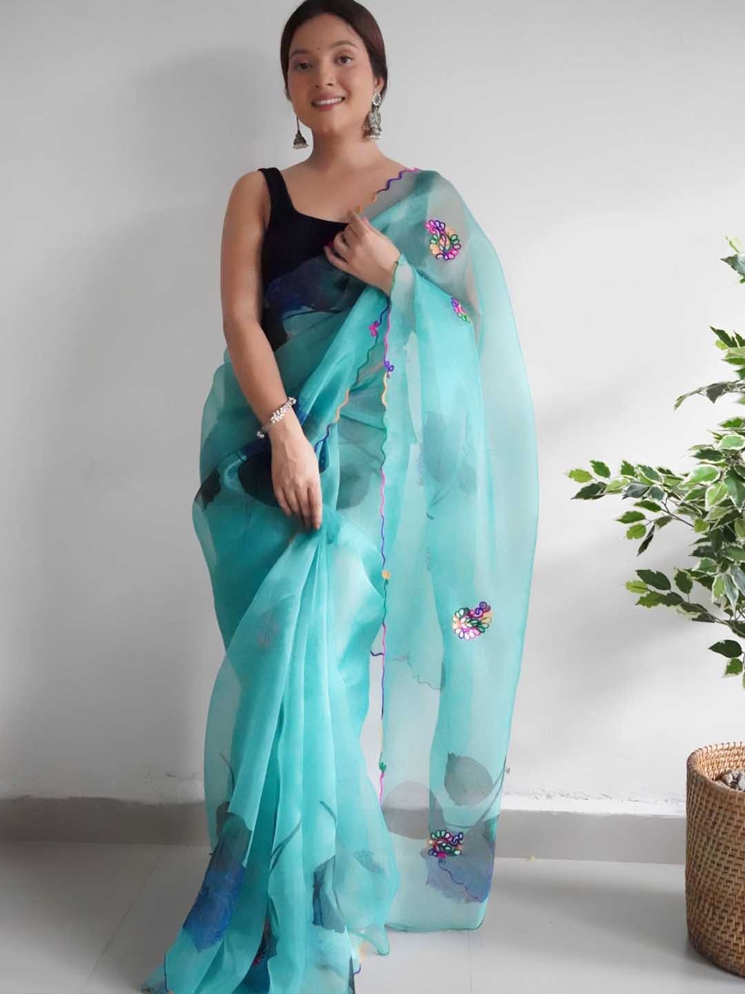 

Ekasya Paisley Embroidered Mirror Work Organza Saree, Blue