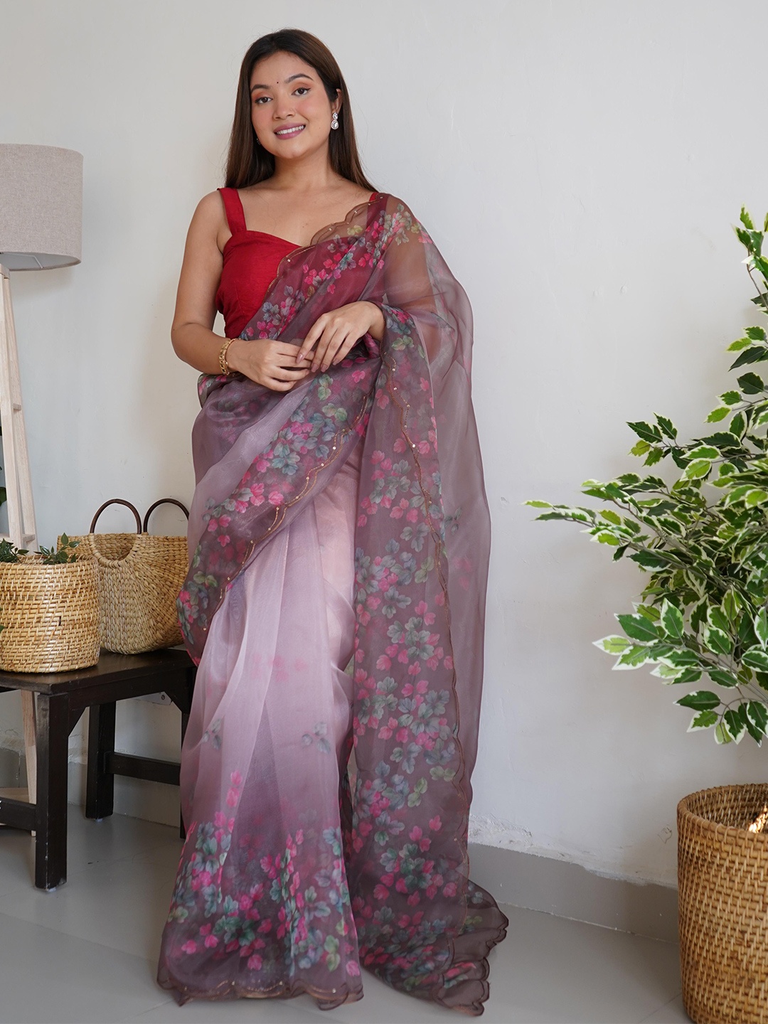 

Ekasya Floral Embroidered Organza Saree, Coffee brown