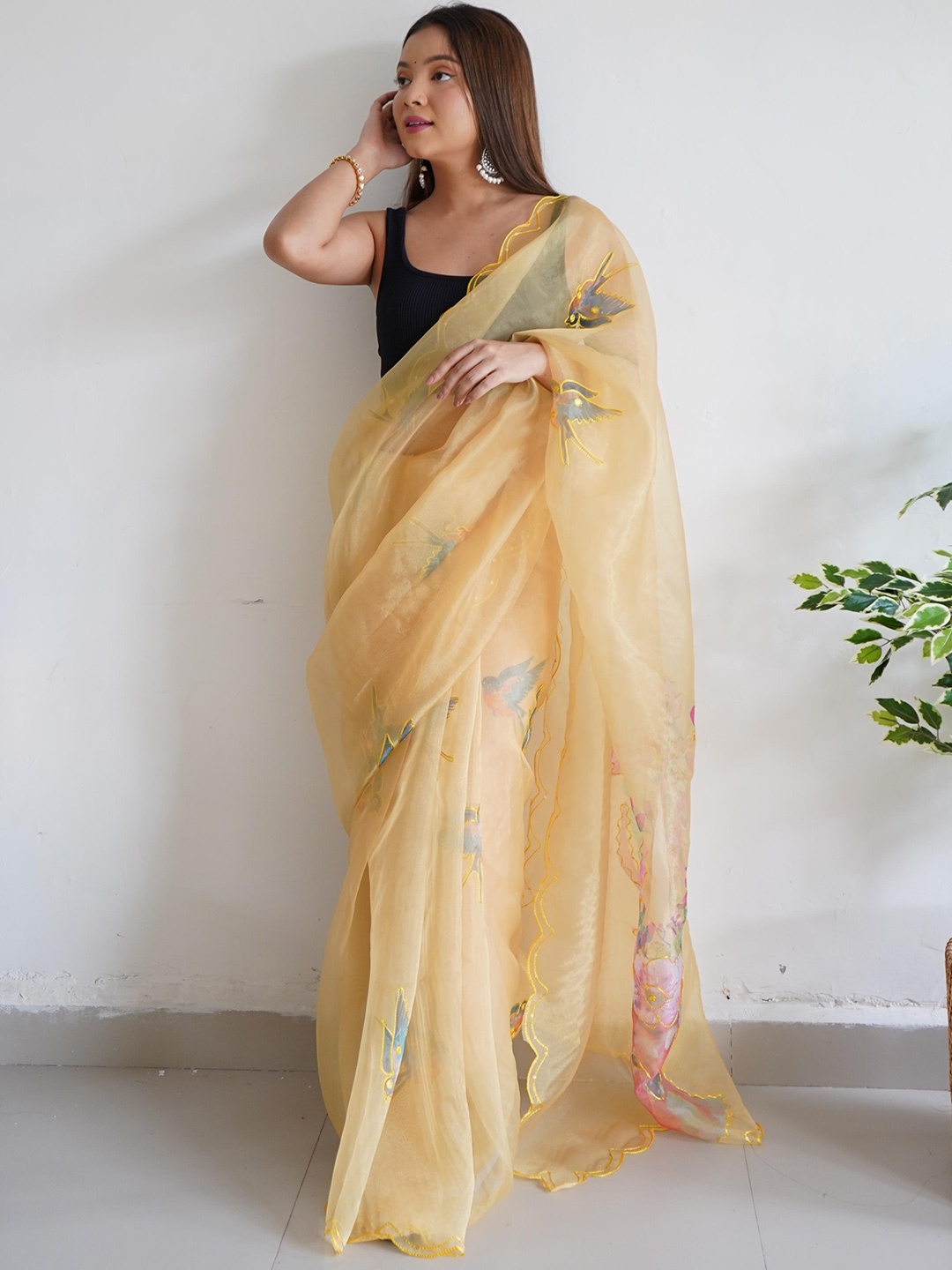

Ekasya Floral Sequinned Organza Saree, Yellow