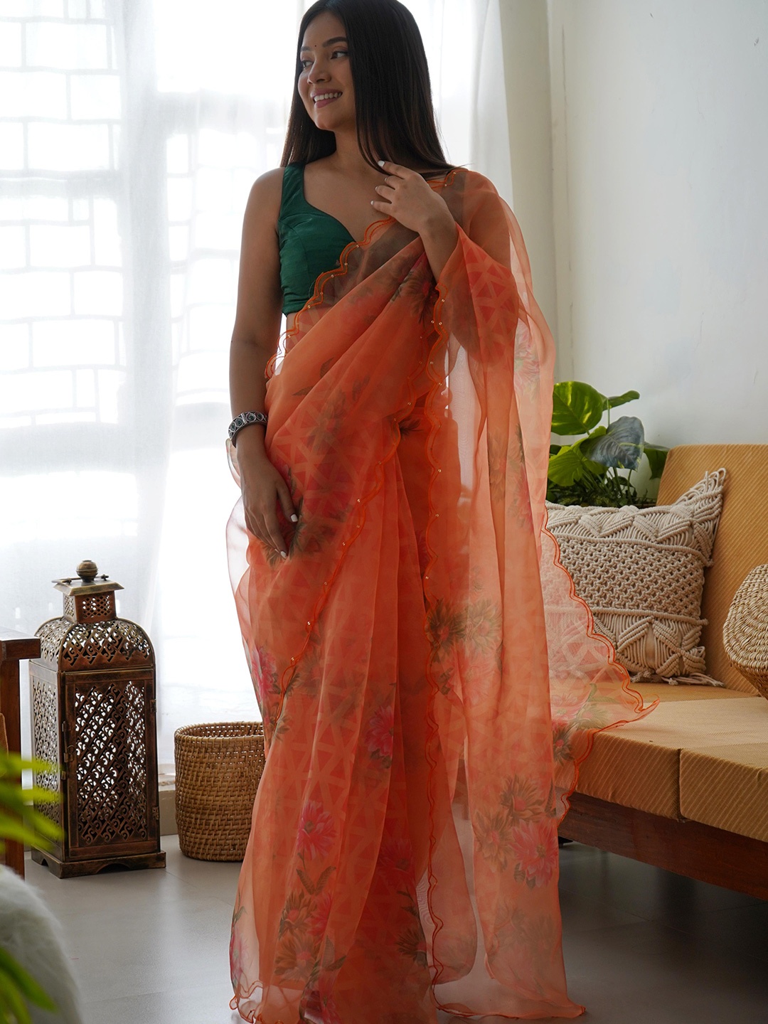 

Ekasya Floral Sequinned Organza Saree, Orange