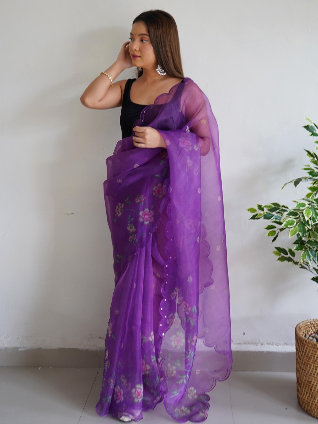 

Ekasya Floral Embroidered Organza Saree, Purple