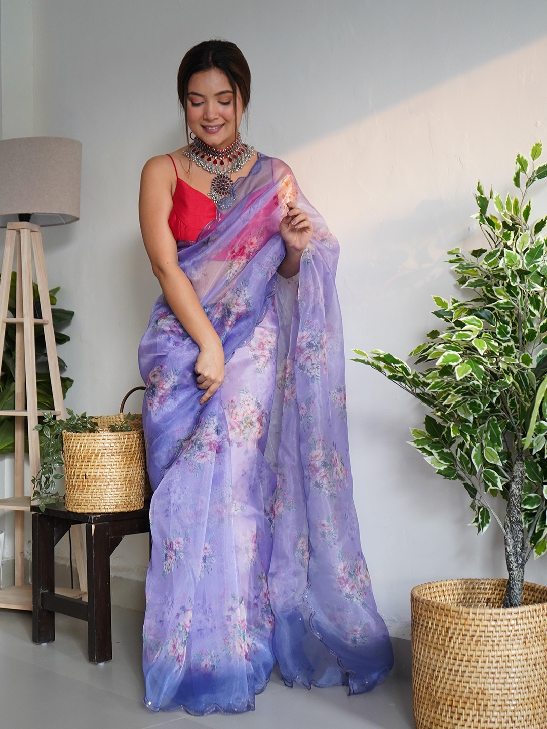 

Ekasya Floral Embroidered Organza Saree, Lavender