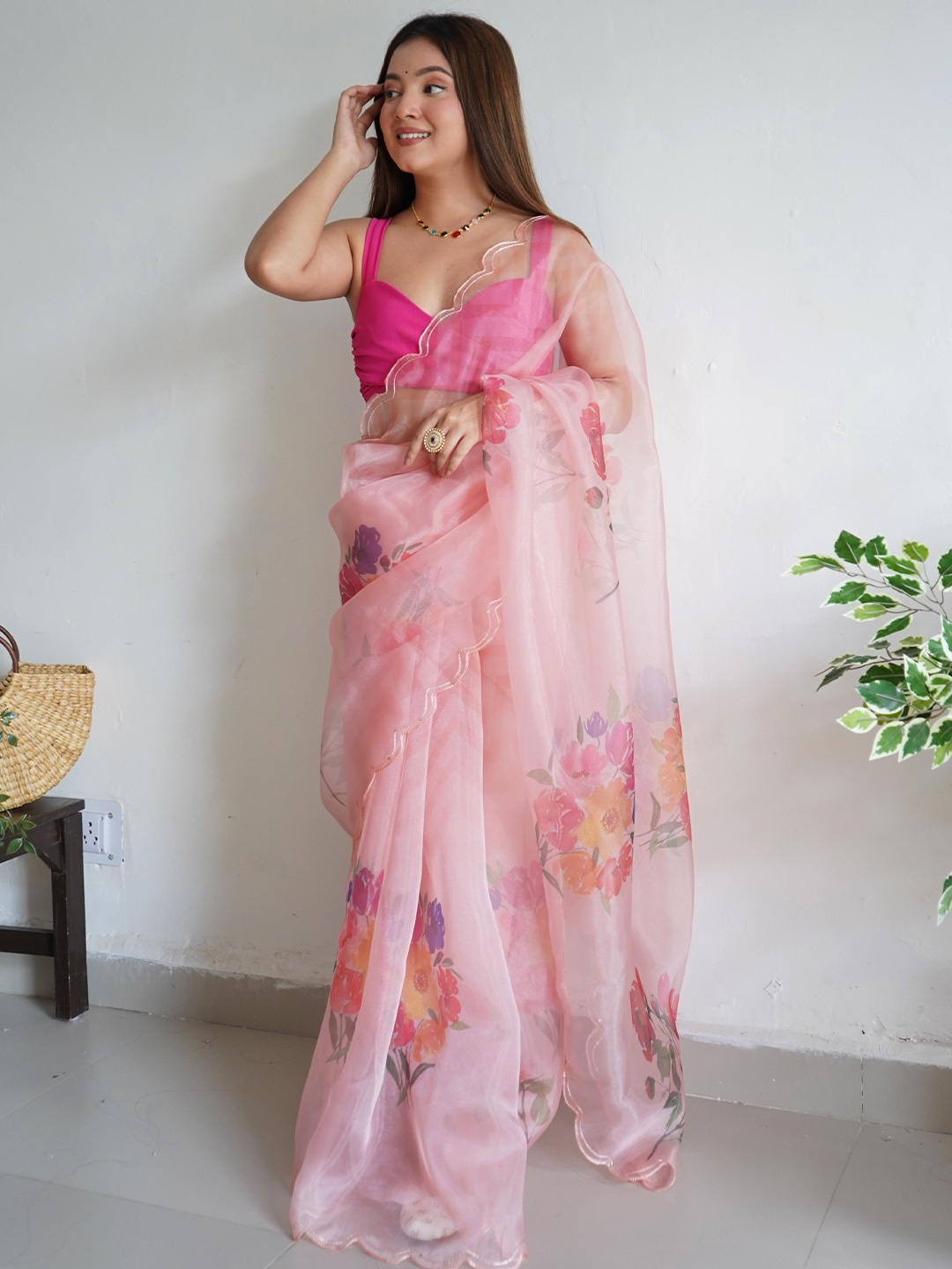 

Ekasya Floral Sequinned Organza Saree, Peach