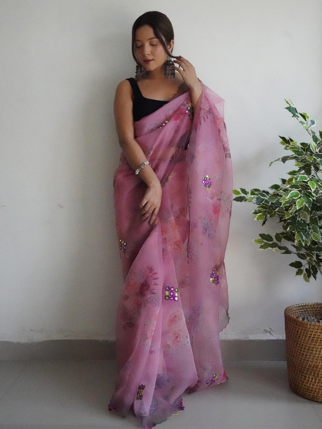 

Ekasya Floral Mirror Work Organza Saree, Purple