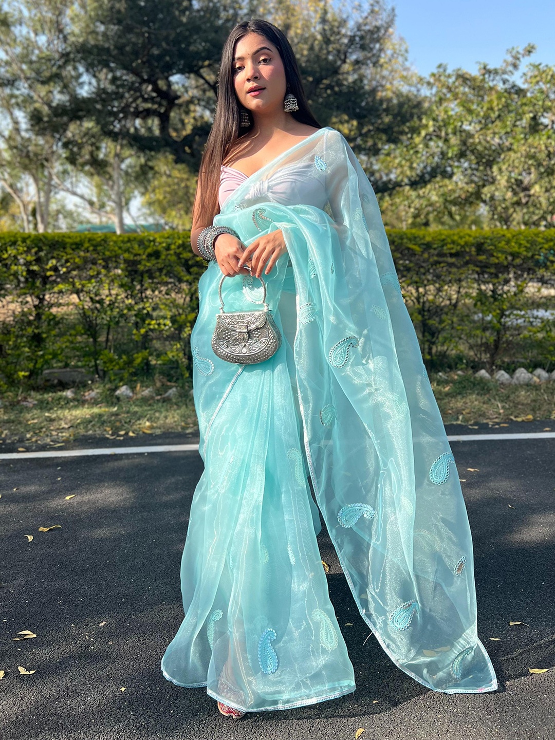 

Ekasya Paisley Sequinned Organza Saree, Turquoise blue
