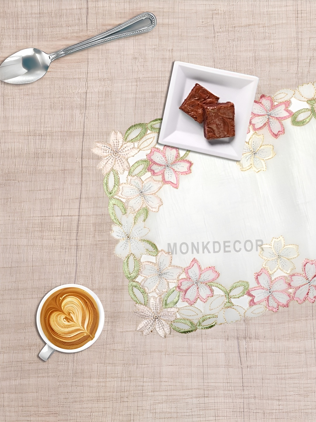 

MONKDECOR White & Pink 6 Pcs Floral Embroidered Table Placemats